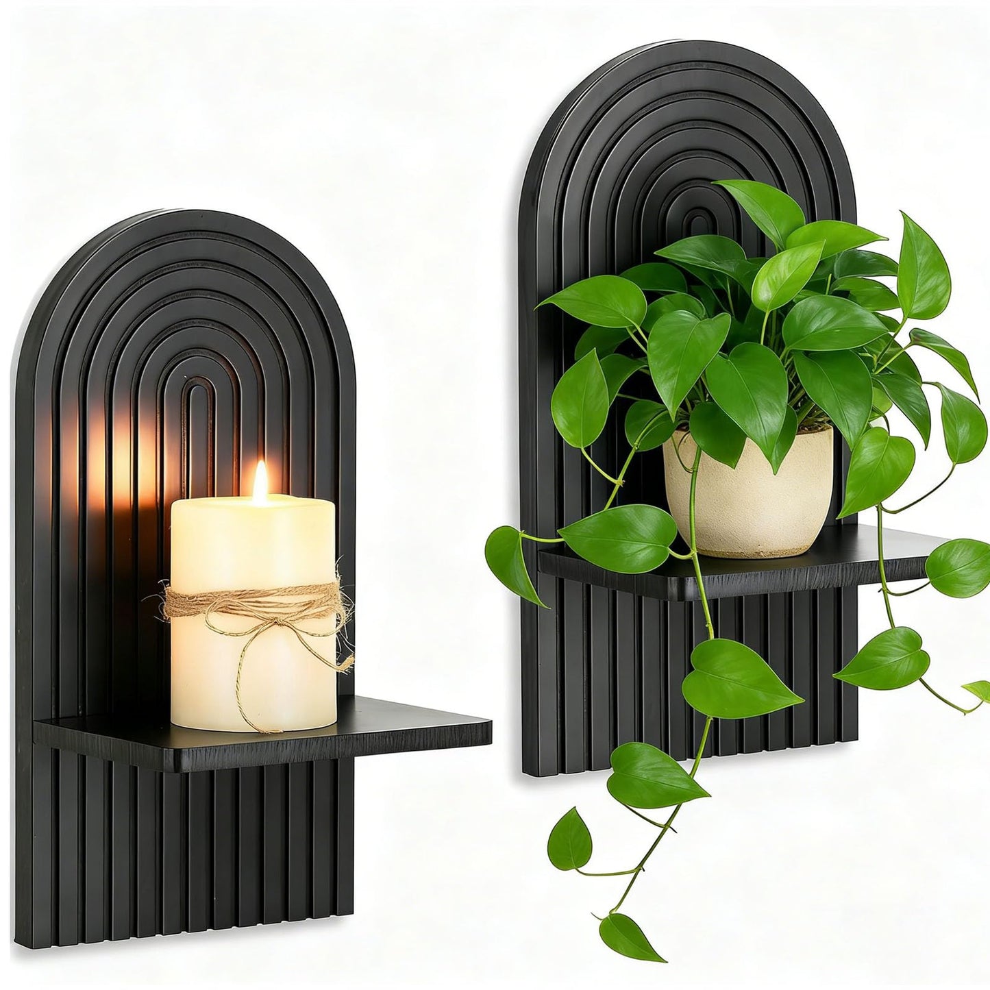 Walasis Black Boho Candle Sconces Decor: Set of 2 Wood Mid-Century Wall Candle Holder for Hallway Fireplace Bedroom - Arch Wall Shelf for Plants Pillars Candles
