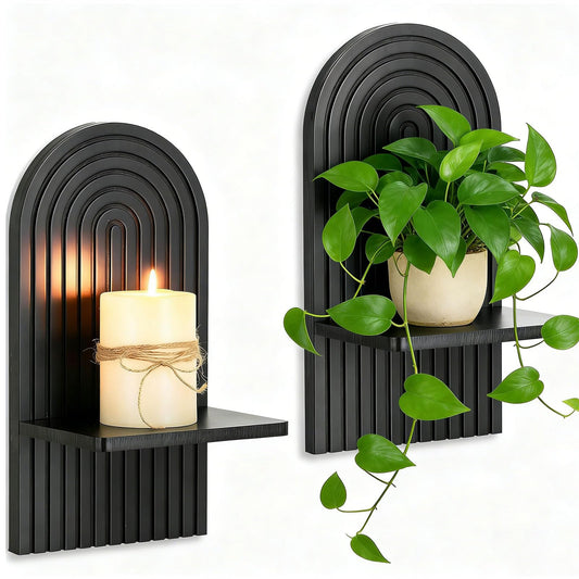 Walasis Black Boho Candle Sconces Decor: Set of 2 Wood Mid-Century Wall Candle Holder for Hallway Fireplace Bedroom - Arch Wall Shelf for Plants Pillars Candles