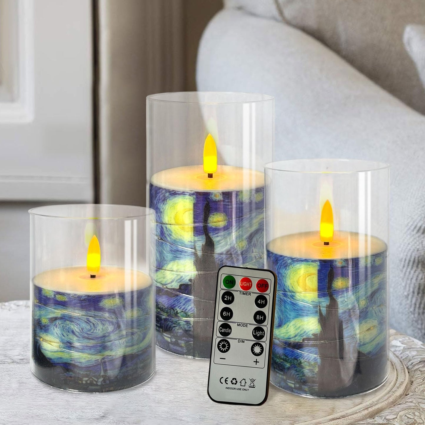 NjaoHoo Flickering Flameless Candles, Recessed String Light LED Candles Acrylic Battery Operated LED Pillar Candles Van Gogh Art Painting Style for Home Decor Set of 3(Starry Night Printed)