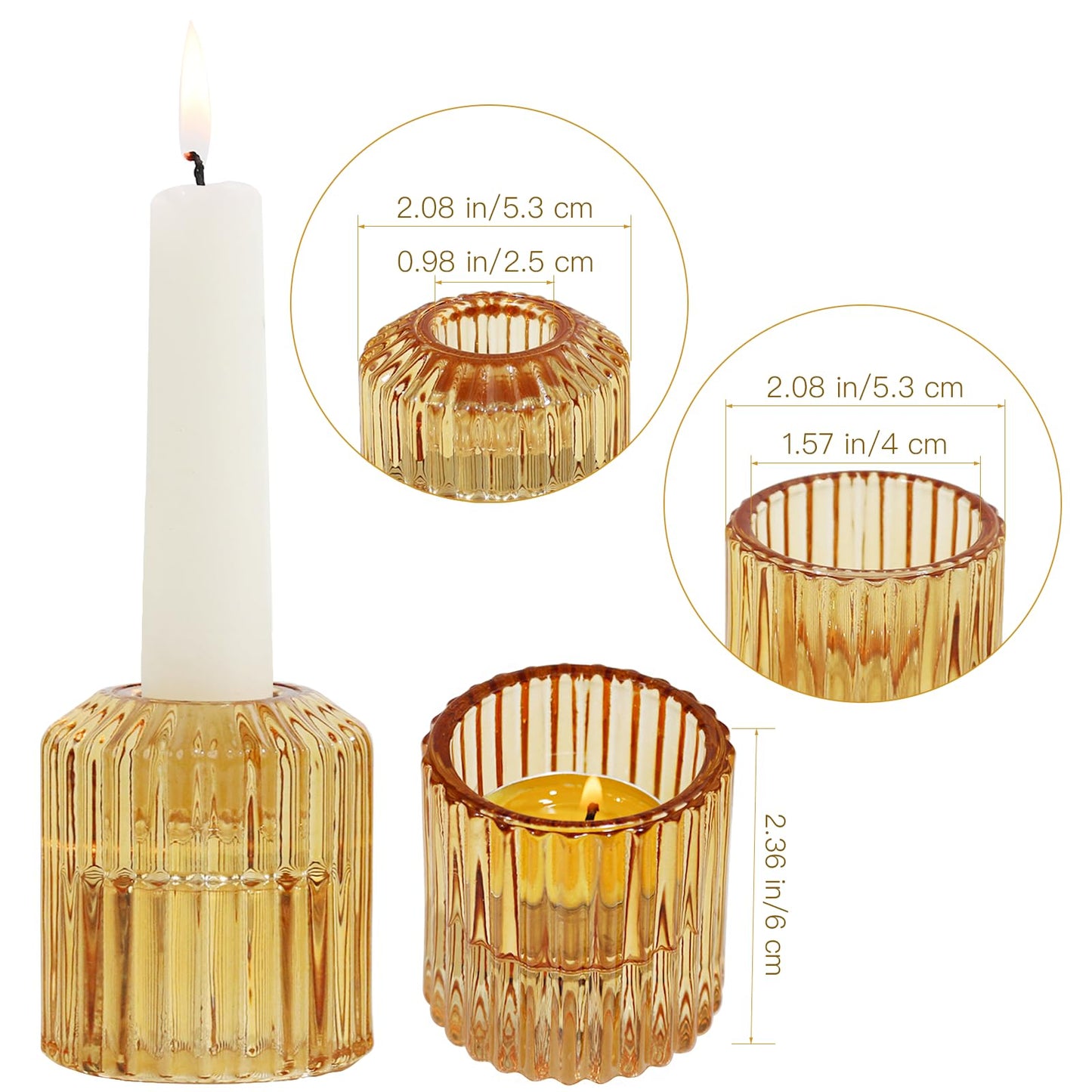 CHOCSTAY Reversible Amber Glass Candle Holder Set of 6, Thick Heat-Resistant Glass Candlestick Holders for Taper, Tealight, Votive, LED Candles, Perfect for Wedding, Party, Home Décor