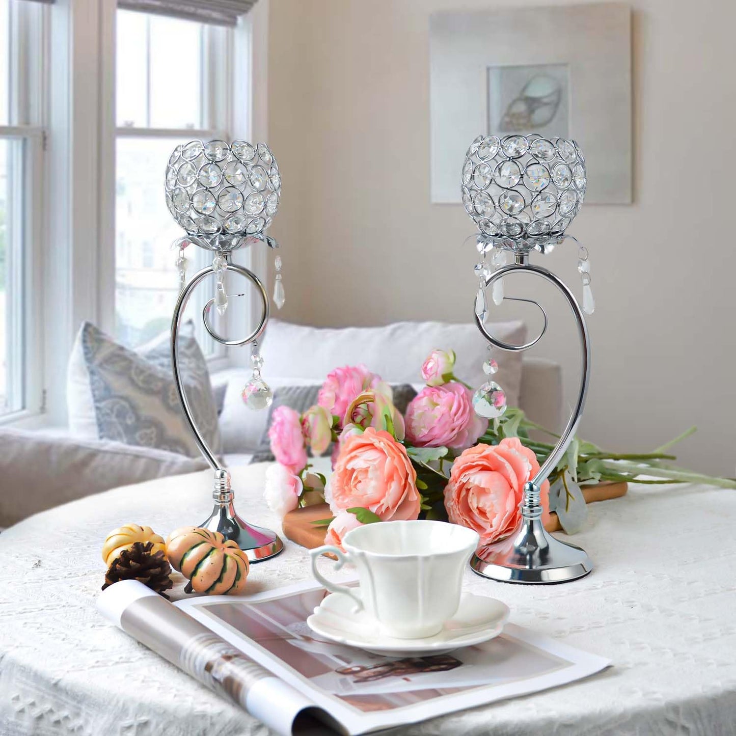 2ps K9 Crystal Candlestick, Candle Holder for Love Wedding/Party/Event Table Centerpiece with Shaped Like a Heart Would be Perfect Centerpiece with Wedding/Party and Great GIF（Silvery）