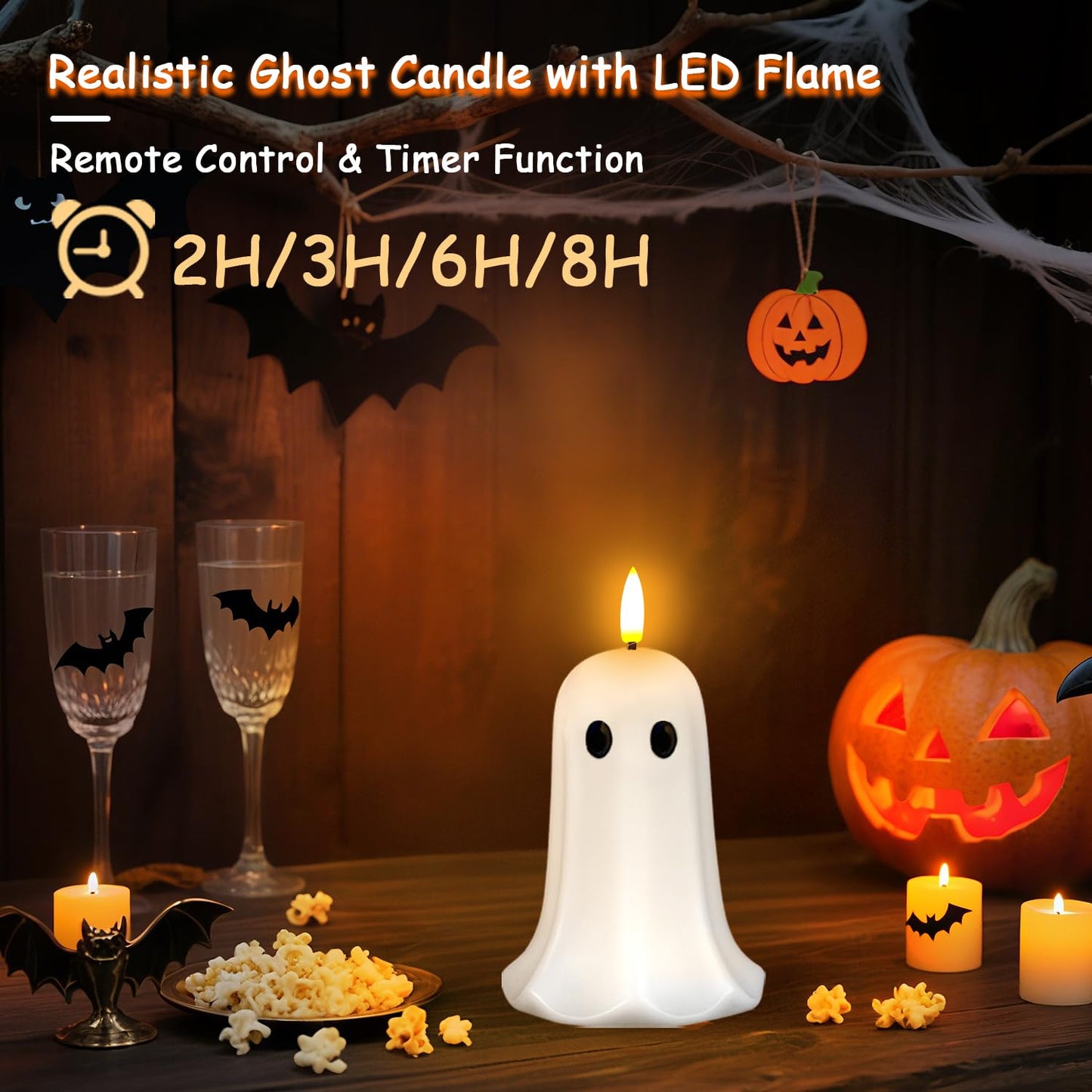 Halloween Ghost Flameless Candle with Timer – LED Candle with Flickering Flame, Real Wax, Remote Control, Spooky Halloween Decorations Indoors, Cute Tabletop Decor for Mantel Home, Battery Operated