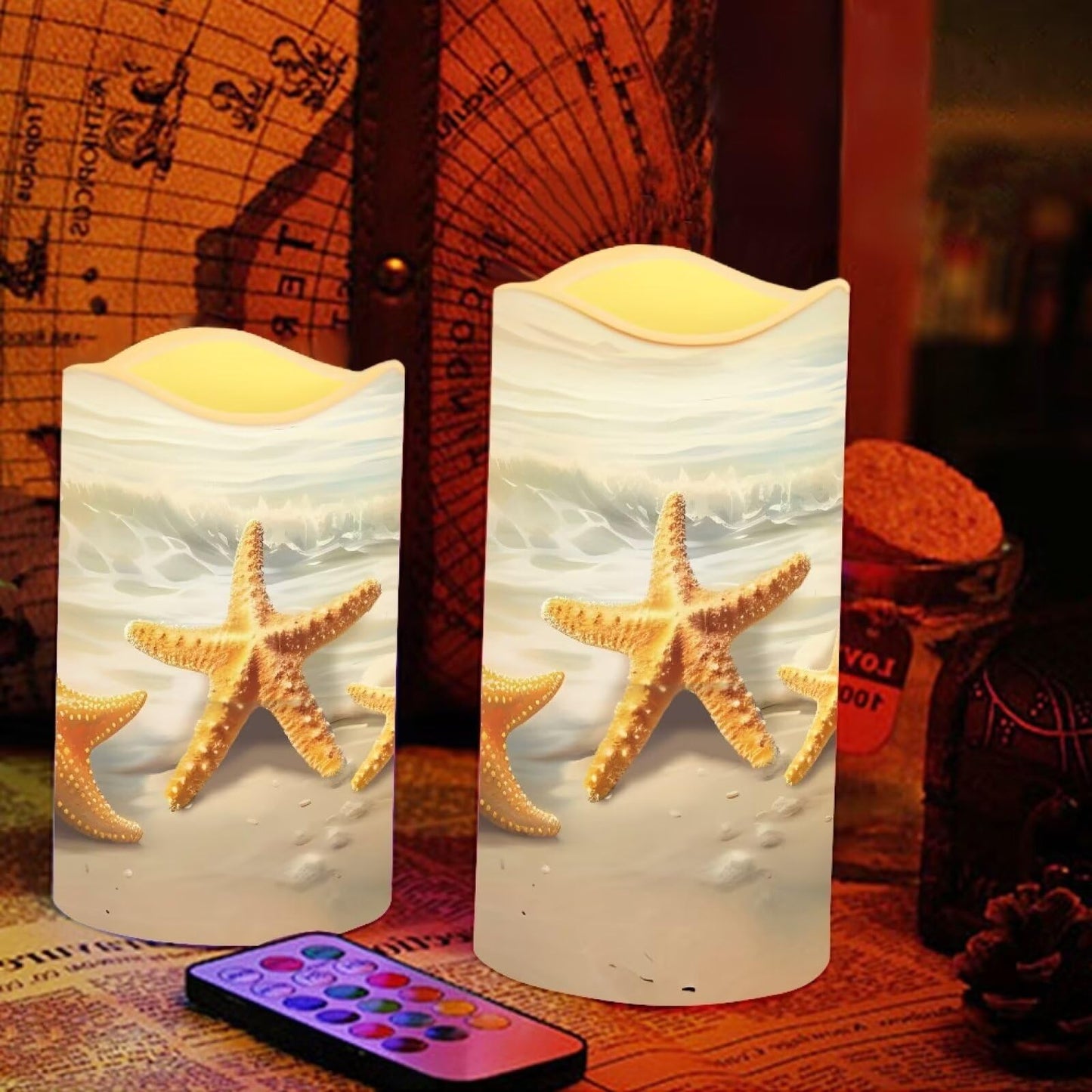Uorisanigo Starfish Beach Flameless Candles with Remote Flickering Led Candles with Timer Set of 4 Electric Pillar Candles Battery Operated Fake Candles for Kitchen Room Home Decor