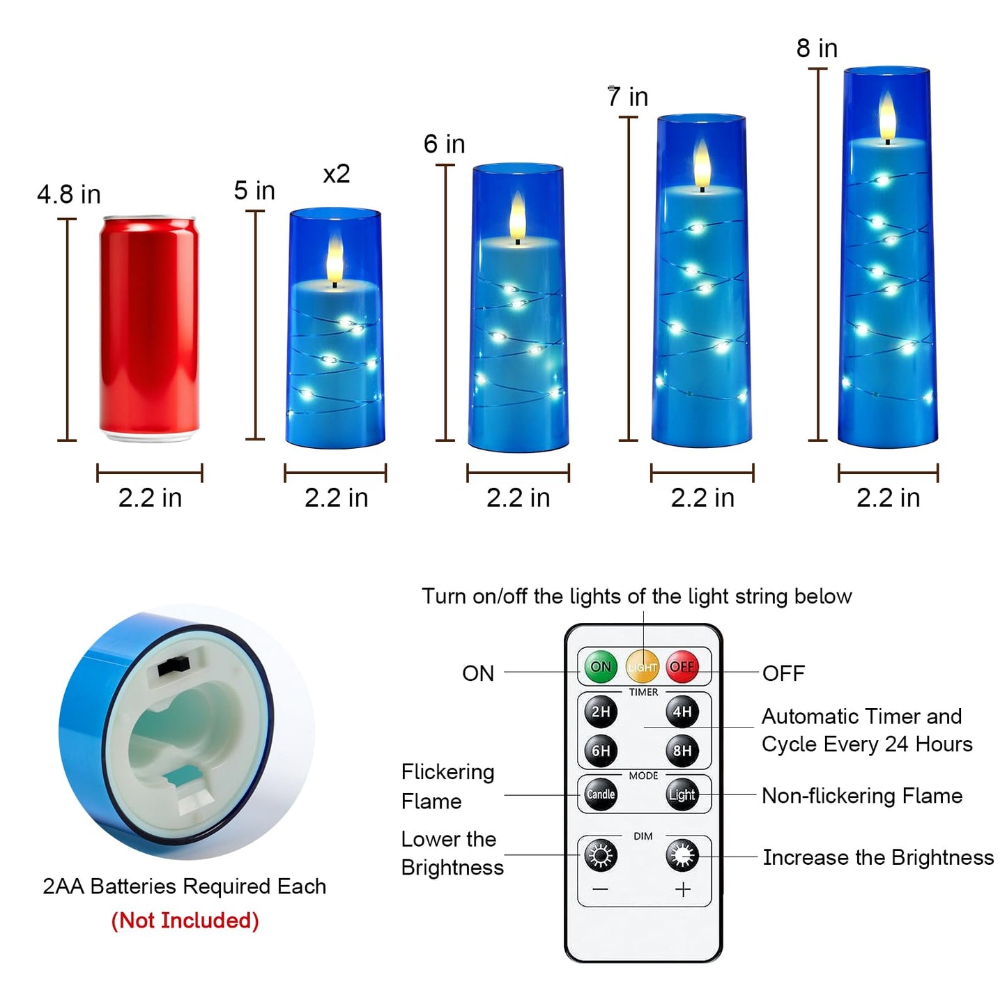 Raycare Independence Day Flameless Candle with Remote Timer – 5 Flickering Acrylic Battery Operated LED Pillar Candles with Embedded Star String for 4th of July Home Patriotic Decor, as a Gift (Blue)