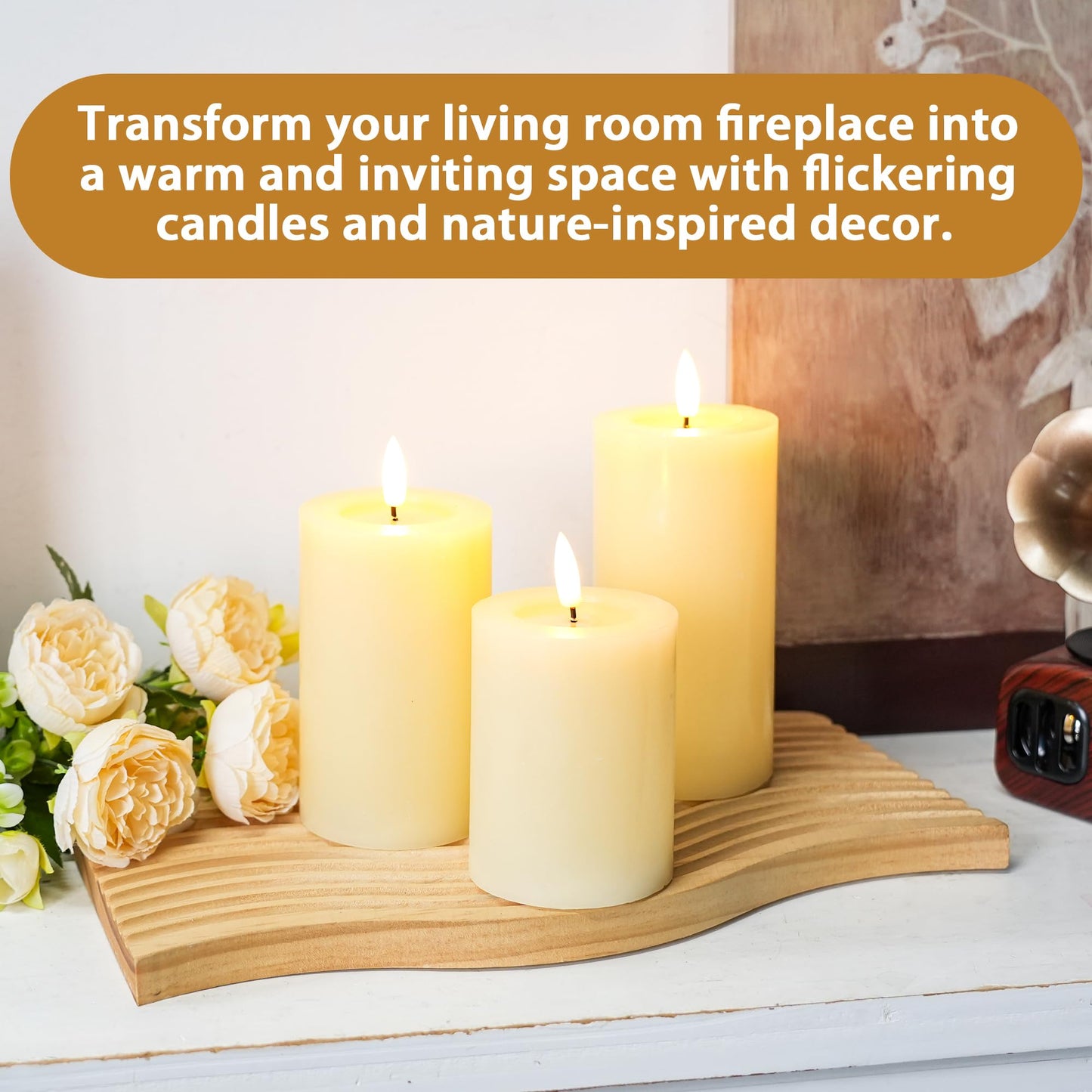 JHY DESIGN Flickering Flameless Candles Battery Operated with 10-Key Remote & 2/4/6/8-Hour Timer, Real Wax Pillar Grease Effect LED Candles Set for Chrismas/Home Decorations(Ivory)