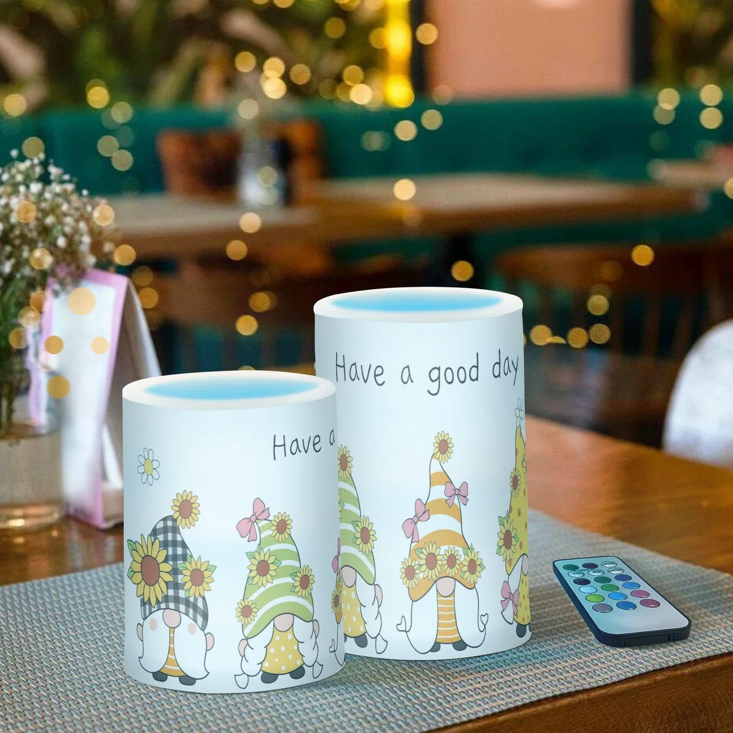 Eionryn Sunflower Gnomes Flameless Candles Autumn Spring Summer Yellow Floral Battery Operated LED Candles with Remote Timer Electric Candles for Home Party Decor 2pcs