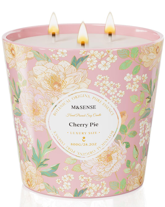 M&SENSE Cherry Pie Scented Candle, 28.2oz 3 Wick Natural Soy Wax Large Candles, Long Lasting Clean Slow Burning No Toxic Décor for Home Relaxation, Romantic Dates & Gift-Giving
