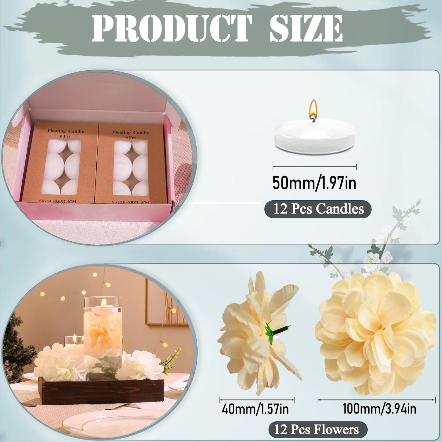 WPPNSY 24 Pcs Floating Candles for Centerpieces and Floating Flowers Artificial Flowers Head Vase Filler for Party Home Table Wedding Centerpieces Decoration (Champagne)