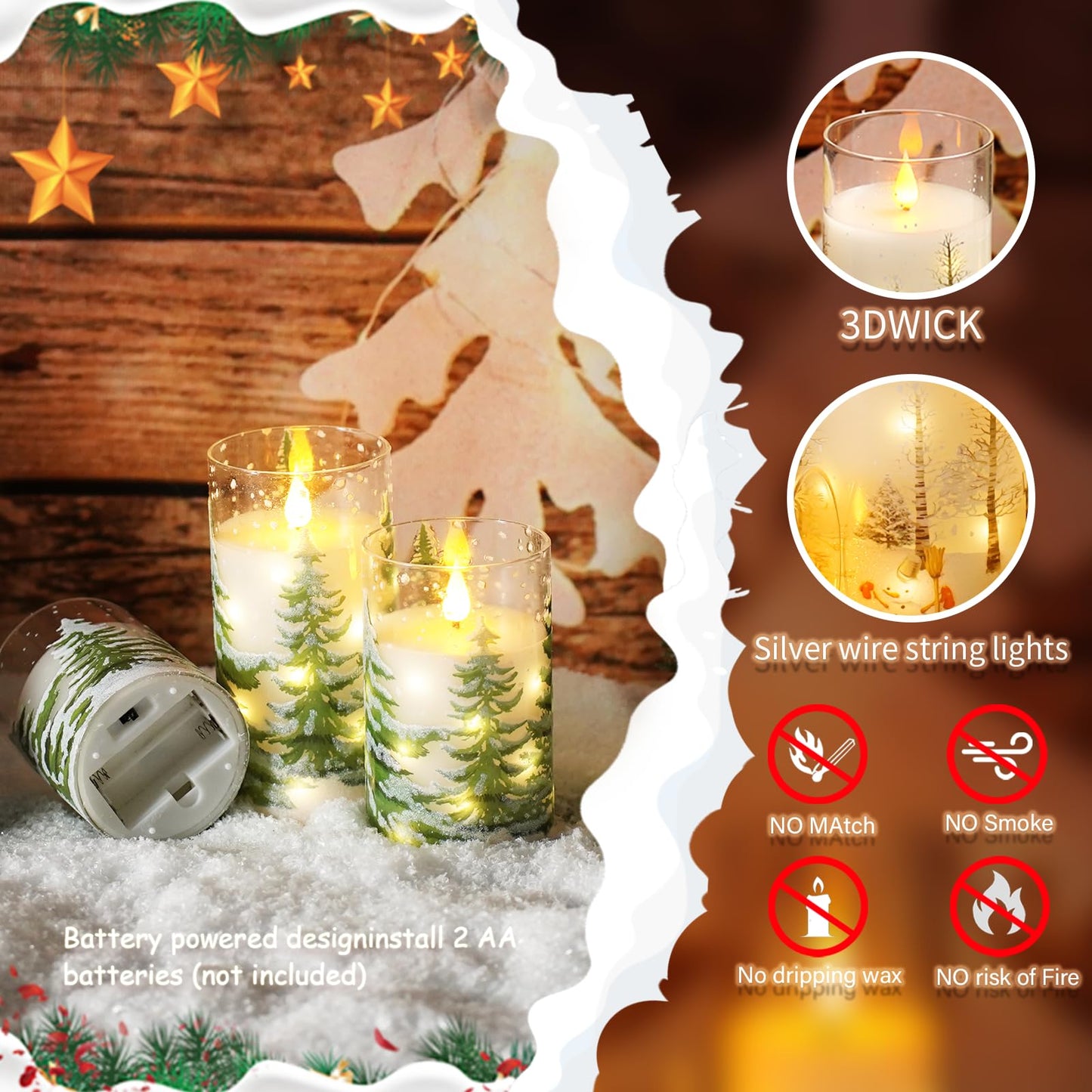 Christmas Flameless Candles with Remote - White LED Candles & String Lights, with Glass casing Battery Operated Set of 3 (D3 x H4/5"/6") for Window Decor, Christmas Decorations,Living Room Decoration