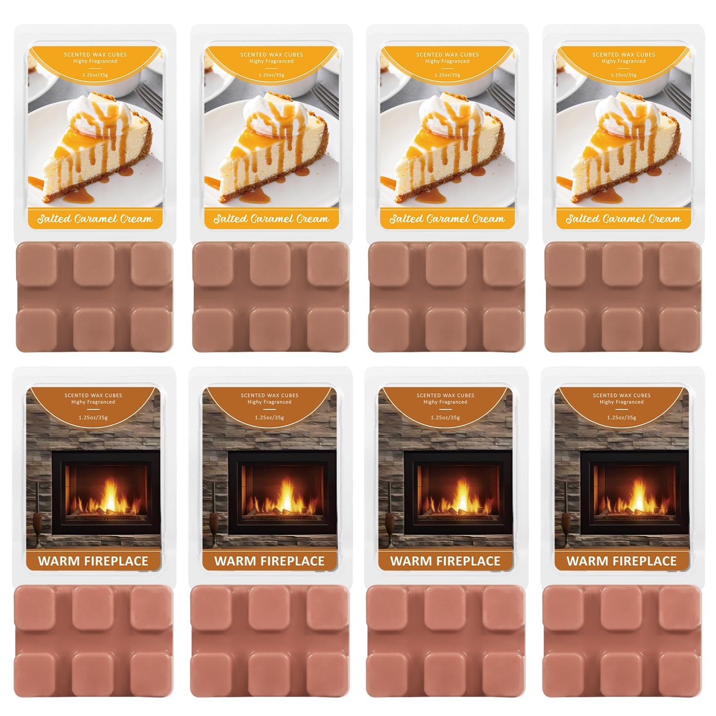 SCENTORINI Wax Melts, Wax Cubes Strong Scent, 4 Salted Caramel Cream & 4 Warm Fireplace Summer Scented Wax Melts, Soy Wax Melts for Warmer, Home Fragrances