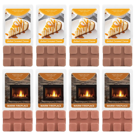 SCENTORINI Wax Melts, Wax Cubes Strong Scent, 4 Salted Caramel Cream & 4 Warm Fireplace Summer Scented Wax Melts, Soy Wax Melts for Warmer, Home Fragrances