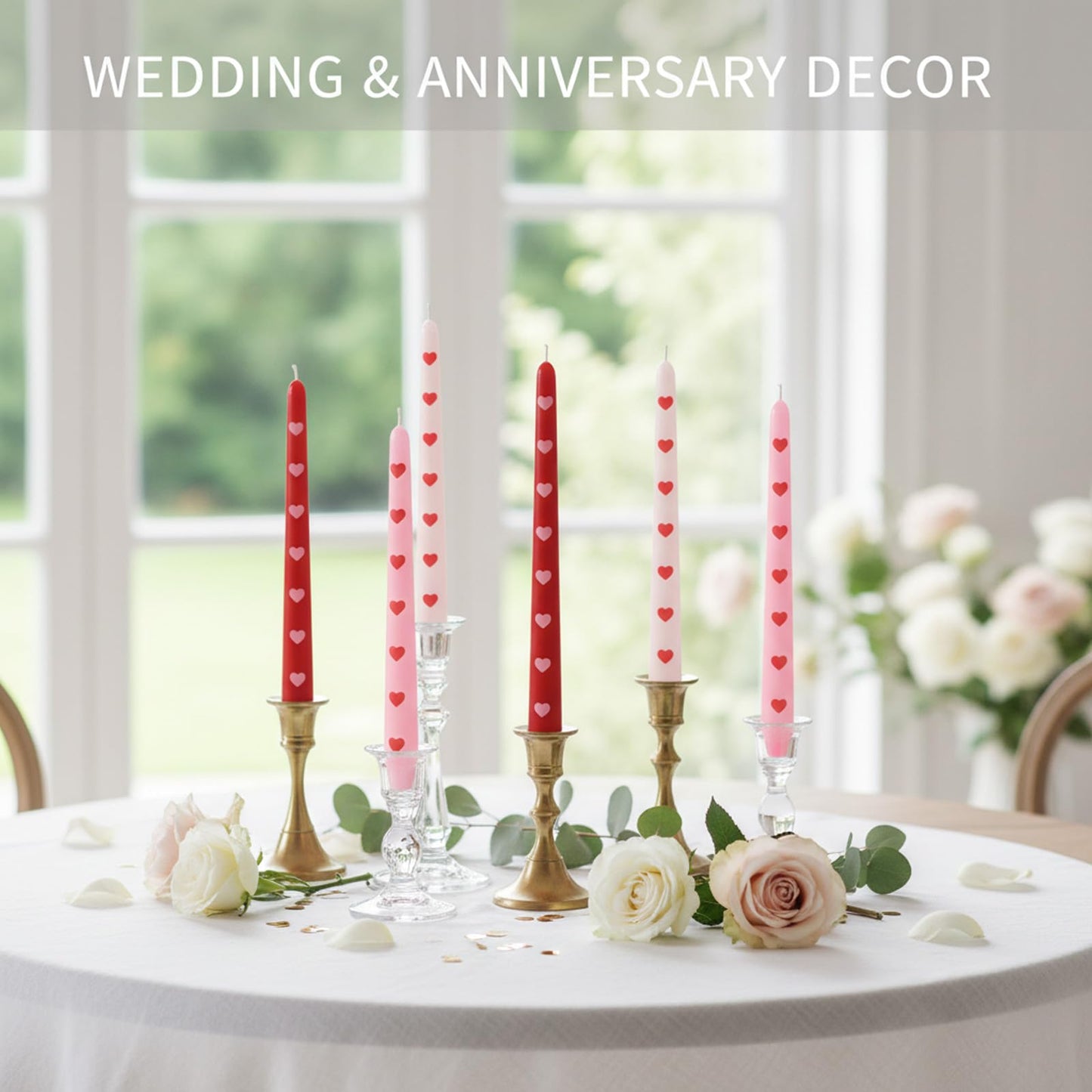 Defresit 12 Pcs Heart Taper Candles 10 Inch Long Decorative Candlesticks Romantic Red Pink White Unscented Candles for Valentine’s Day Wedding Anniversary Dinner Table Home Decor