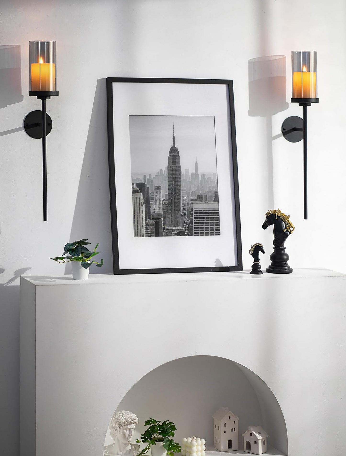 Walasis Black Wall Candle Holder Decor: 22 Inch Metal Long Candle Sconces with Smokey Grey Hurricane Modern Minimalist Decoration for Hallway Living Room Beside Fireplace TV
