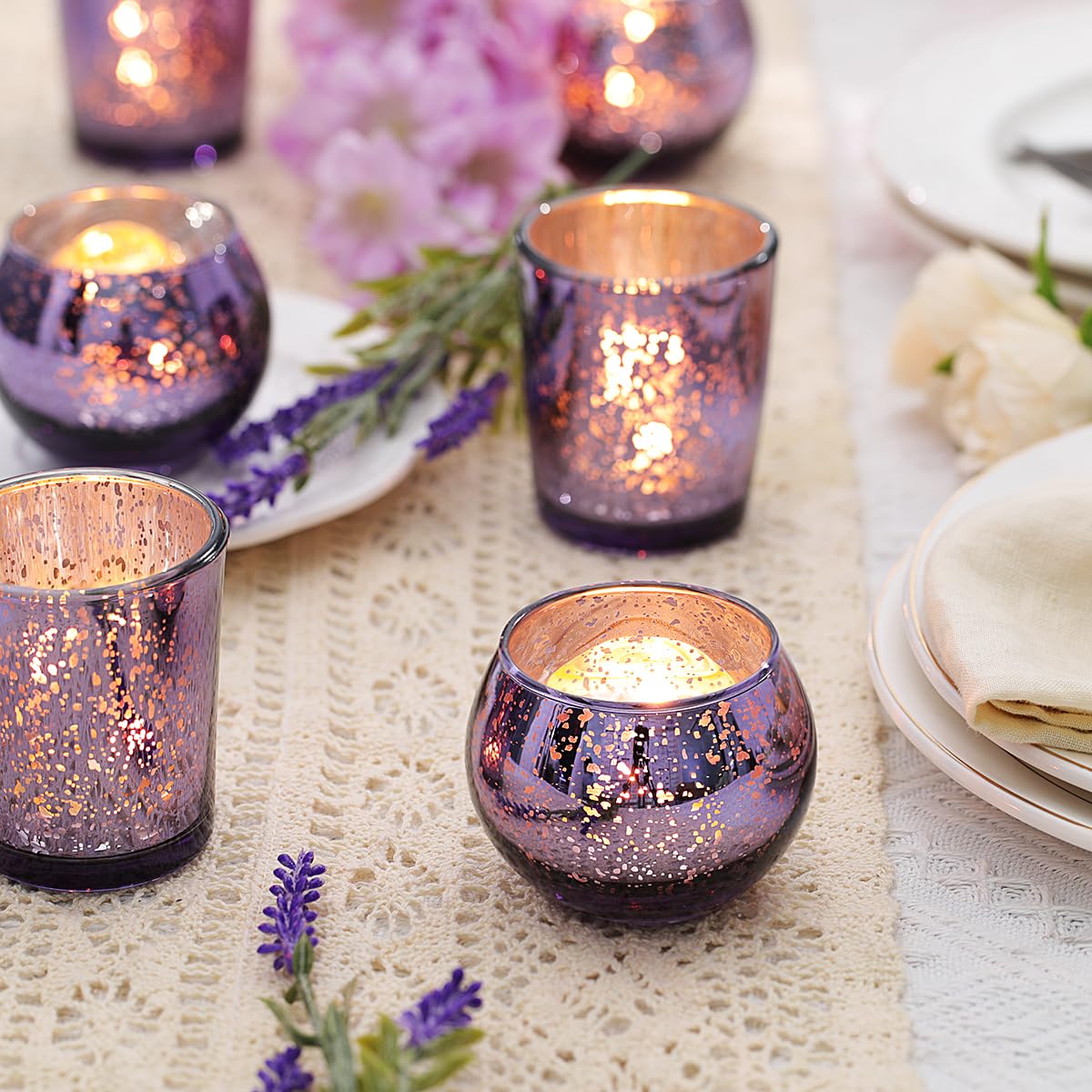 LETINE Purple Mercury Glass Votive Candle Holders - Set of 36 | Elegant Gold Tealight Candle Holders for Table Centerpieces, Spring Summer Weddings, Rehearsal Dinners, Valentine's Day Decorations