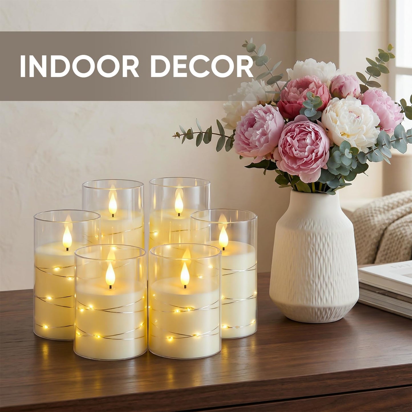 Amagic LED Flameless Candles, Battery Operated Candles with Embedded Fairy Lights, Acrylic Fake Candles with Remote and Timer for Wedding Home Decor, Ivory White, Set of 6, D3 x H4 5" 6"