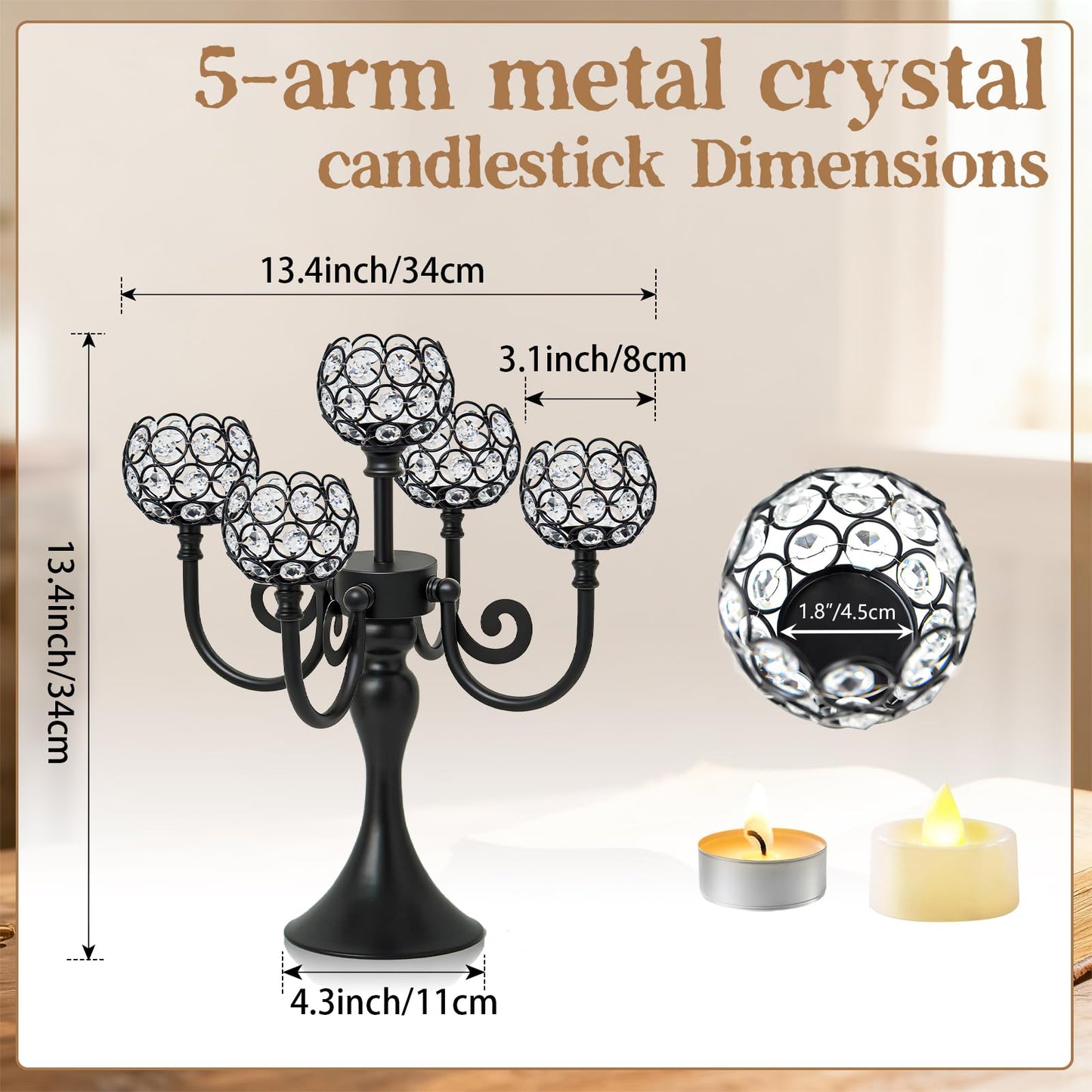 5 Arm Metal Crystal Candelabra Centerpiece - 13.4 Inch Elegant Candle Holder with Crystal Beads for Wedding Party Christmas Home Dining Table Decoration (2, Black)
