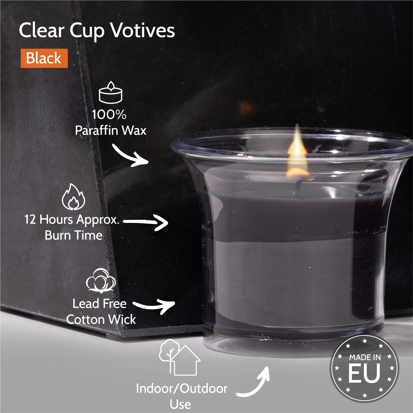 HYOOLA Clear Cup Scented Votive Candles - Black - 12 Hour Burn Time - 4 Pack - European Made