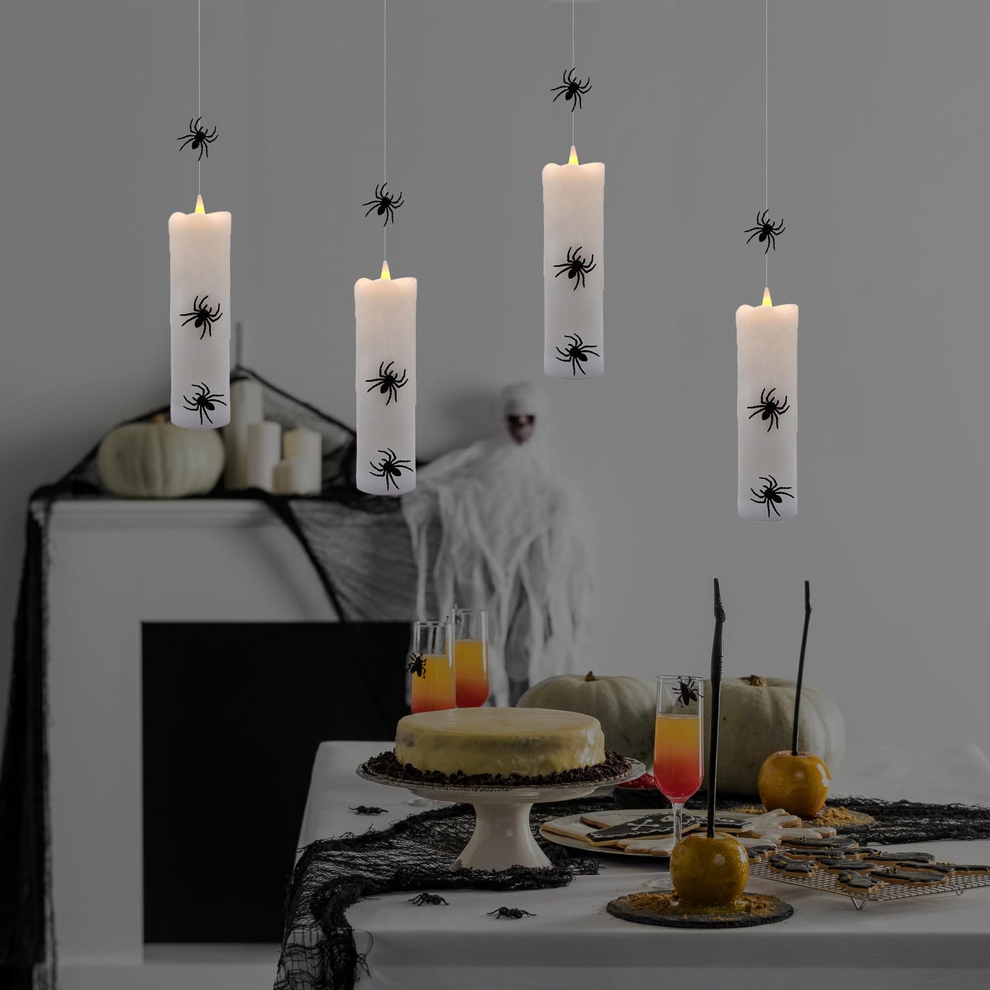 LumaBase Battery Operated Hanging Pillar Candles with Spiders - Set of 4