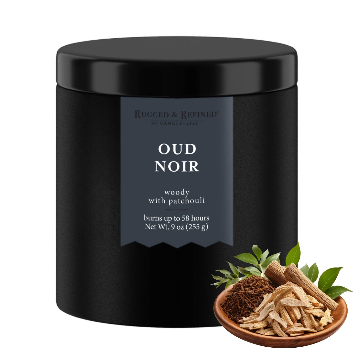 Candle-lite Rugged & Refined Scented Candle for Men, Oud Noir, 9 oz Tin, Poured in The USA, Masculine Fragrance, 1-Wick, 58 Hours of Burn Time, Ideal Gift for Man in Your Life & Father's Day