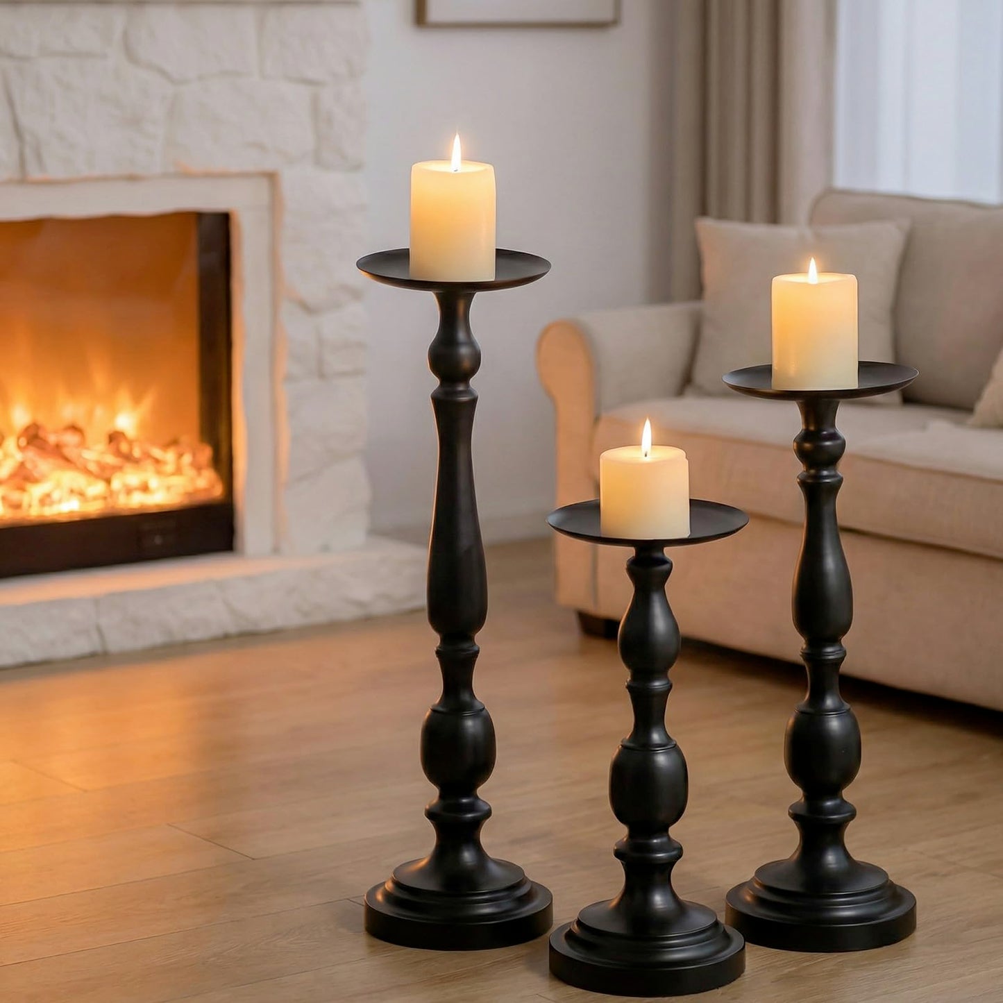 Sziqiqi Pillar Candle Holders Tall - Set of 3 Black Candle Stand for Pillars Large Metal Candleholder Sets Decorative for Christmas Halloween Living Room Easter Entryway