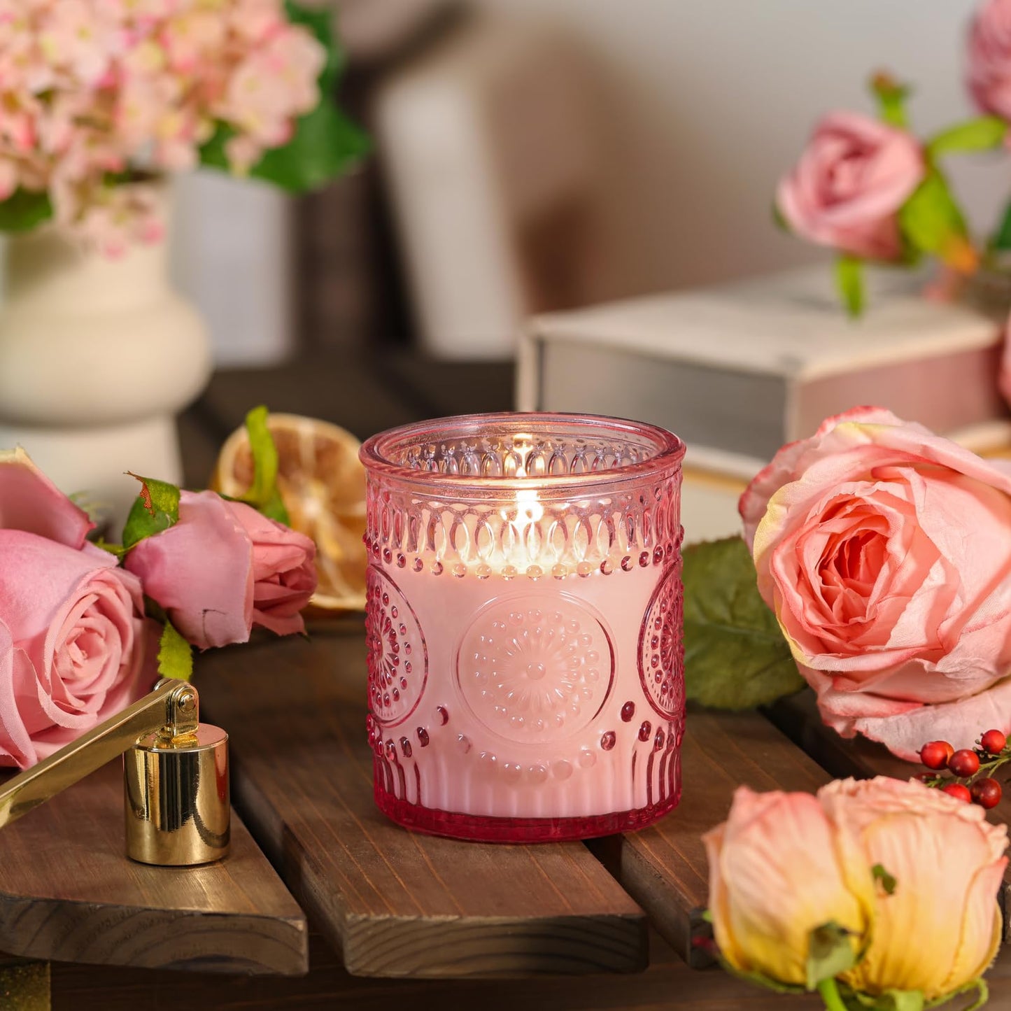 DARJEN Rose Scented Candles for Home- 5.3oz 35H Natural Soy Wax Aromatherapy Jar Candlet, Decorative Aesthetic Candles for Master Bedroom, Date Nights, Self-Care Sunday, Luxury Gift for Women