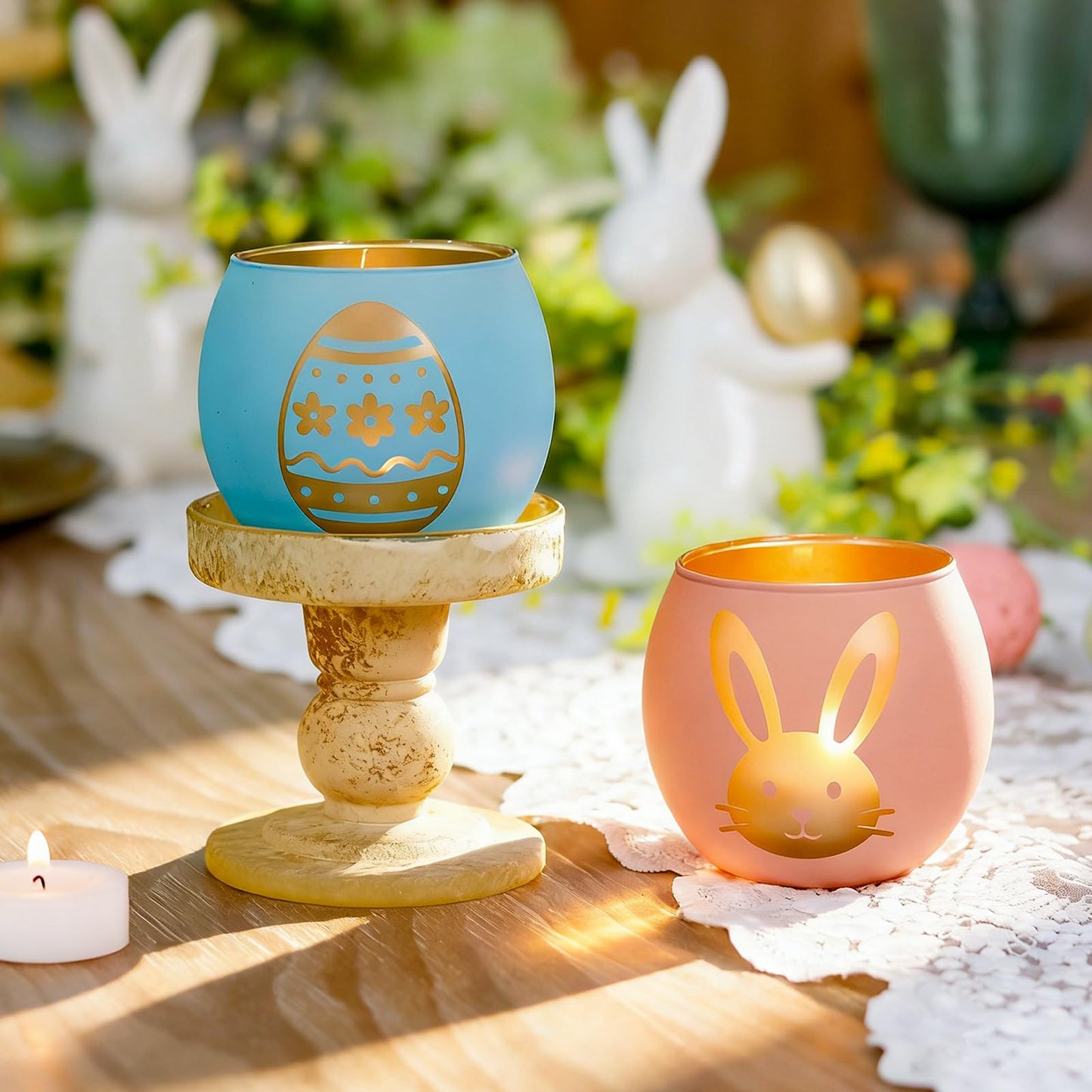 Easter Glass Candle Holders Set of 4, Pastel Tealight Holders with Gold Bunny, Chick & Egg Designs, Decorative Votive Candle Holders for Easter Table Centerpiece, Spring Home Decor & Gifts