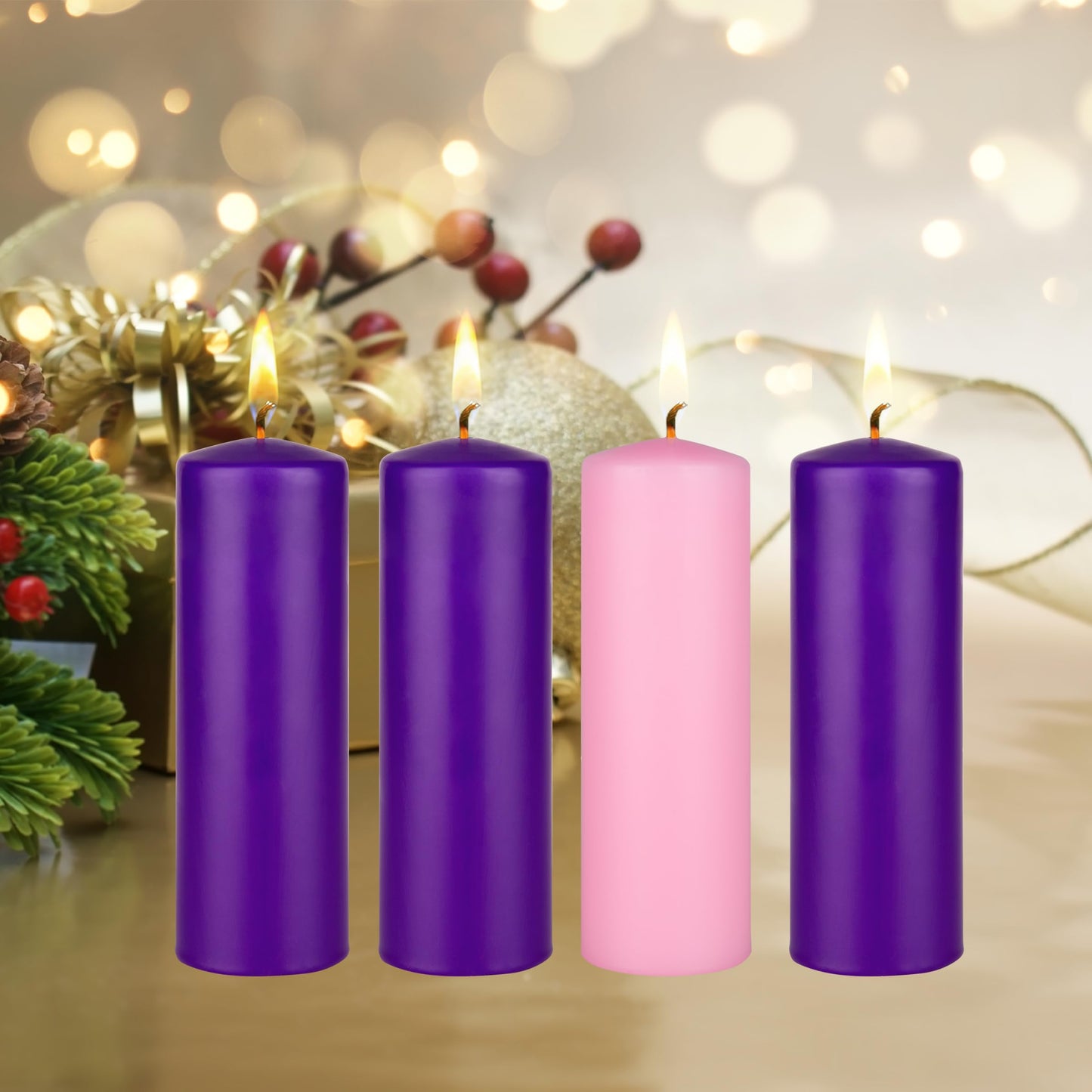 Mega Candles 4 pcs Unscented Christmas Advent Candles Set, Hand Poured Premium Wax Dome Top Round Pillar Candle 2 Inch x 6 Inch, Holidays, Festivities, Devotional, Church, Wreath, Party, Gifts