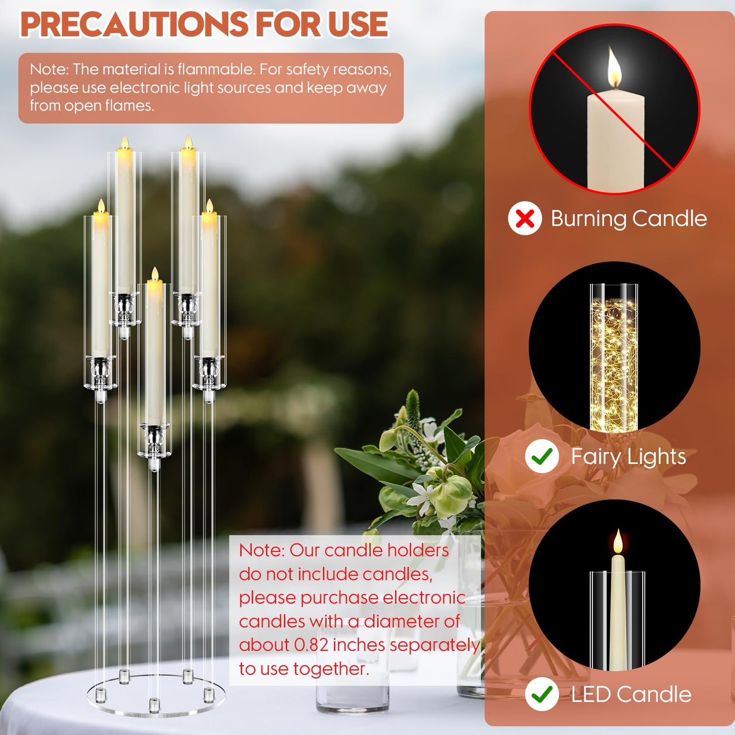 2 Set 5 Arm Acrylic Candle Holder, Mjkeomo 34.6'' Tall Candelabra Centerpieces for Tables Clear Candlesticks Holder with Lampshade for Housewarming Gift Fireplace Dinner Decor Fit 0.87'' LED Candle