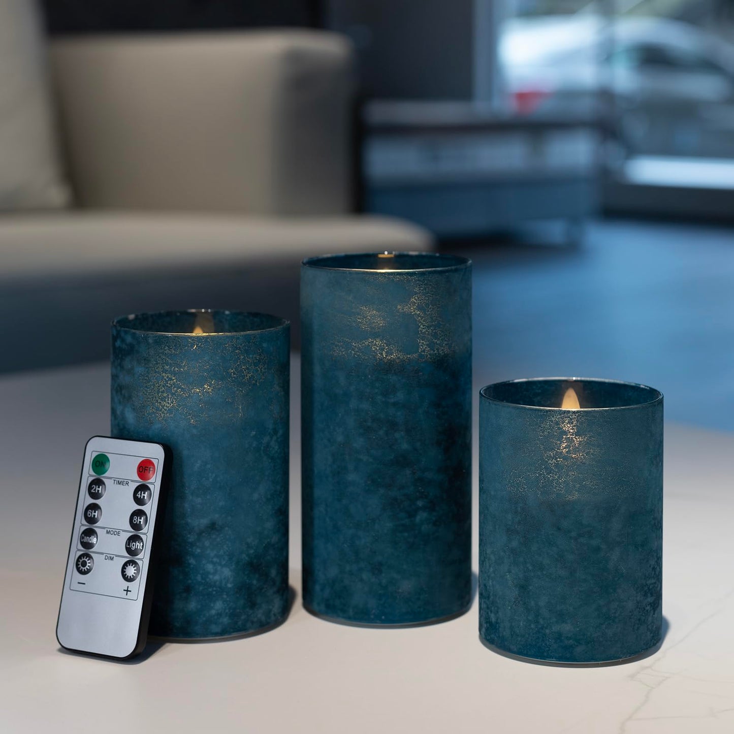 ANGELLOONG Blue Flameless Candles with Remote, Flickering Led Candles with Timer, Electric Pillar Candles for Bathroom Kitchen Room Home Decor, Sandblast Blue