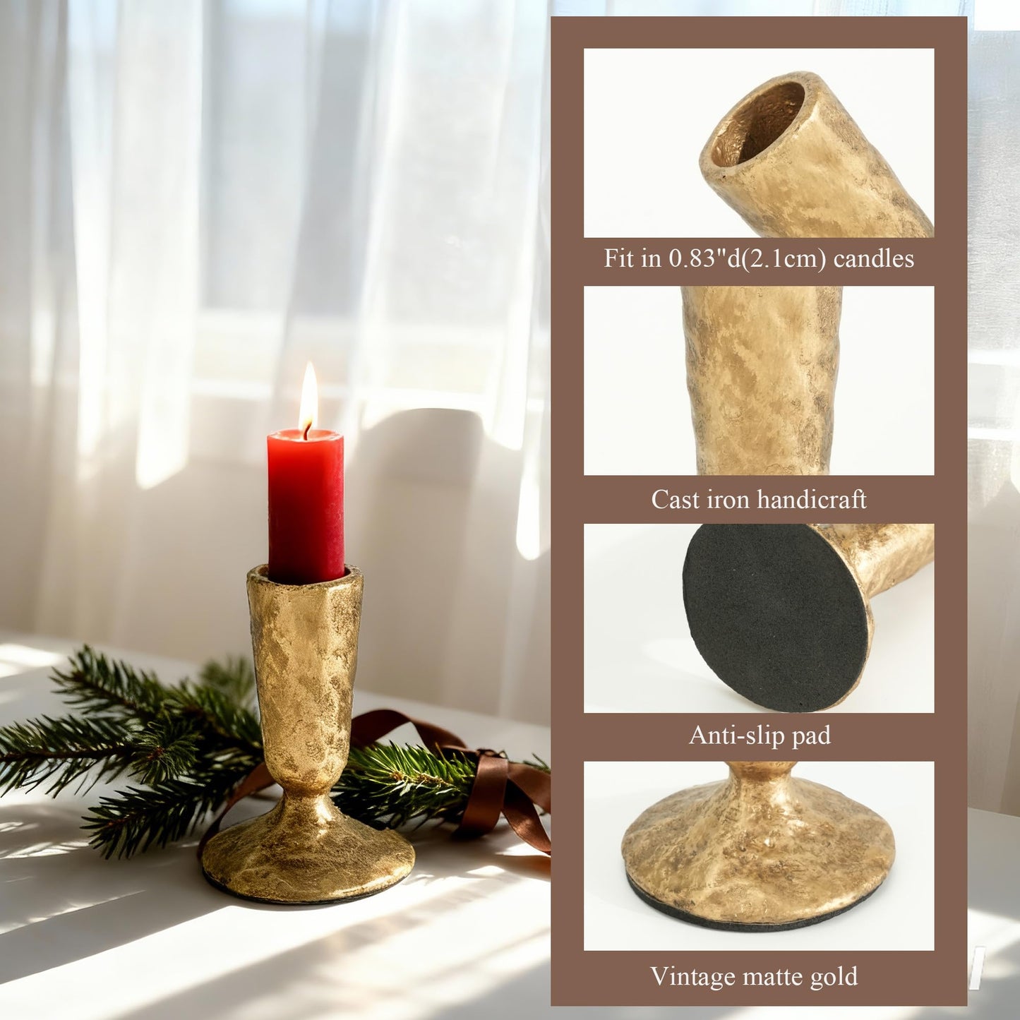 DENDROVIA Gold Cast Iron Candle Holders Set of 2 - Antique Brass Gold Metal Taper Candle Stick Holders for Table - Wrought Iron Candle Holder for Centerpiece, Mantel, Wedding, Party, Christmas Decor