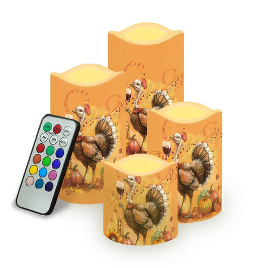 Psesaysky Pumpkin Turkey Flameless Candles Battery Operated Pillar Candle Nightlight Home Decor with Remote Color Changing & Timer for Home Table Decoration 4 Packs Thanksgiving Fall Decor