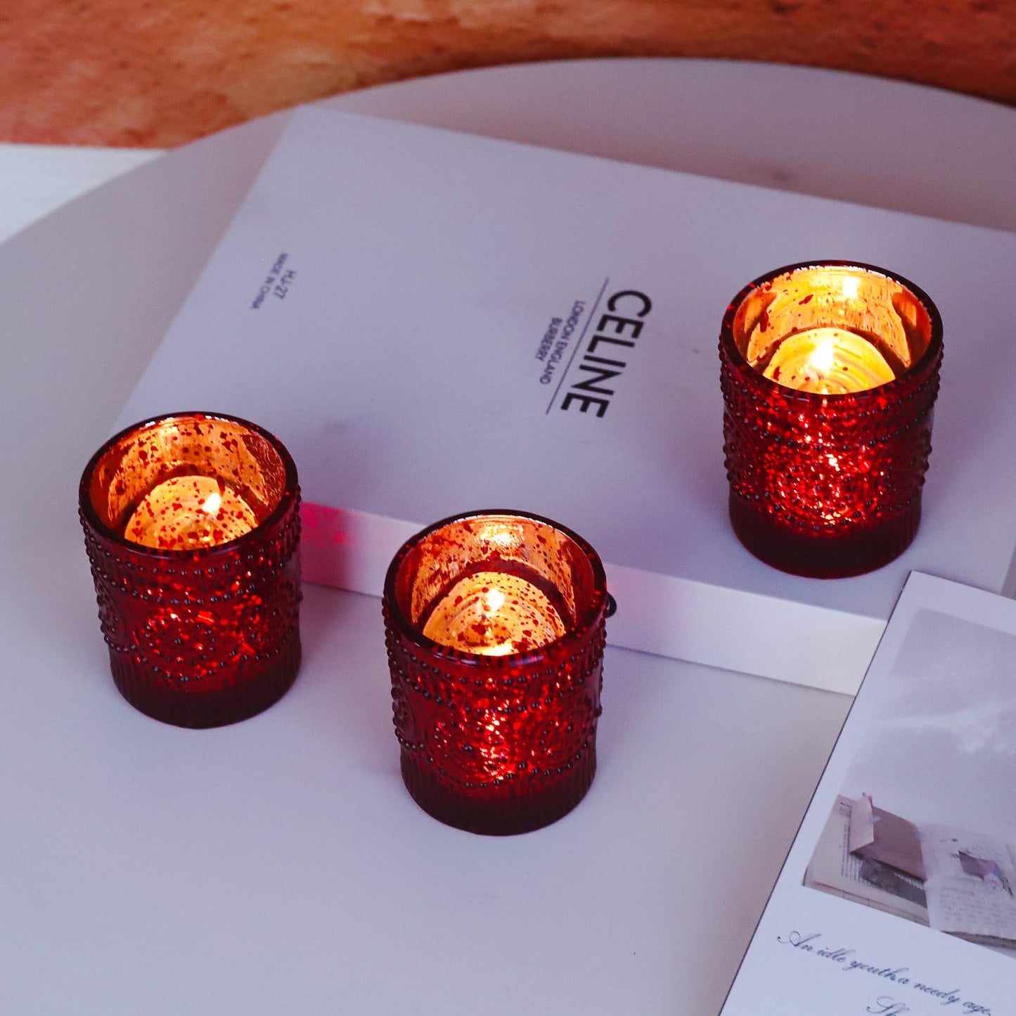 VOHO Red Mercury Glass Candle Holder Set of 12, Boho Sunflower Red Votive Candle Holders for Table Centerpiece, Festive Tealight Candle Holder for Christmas, Thanksgiving, Valentines Day Decorations