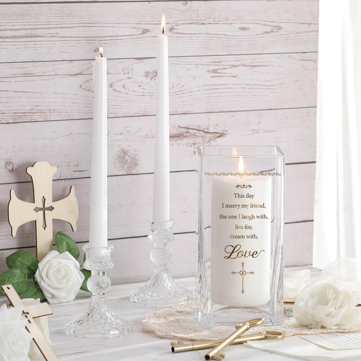 FoldTier Unity Candles with Holder for Wedding Ceremony Set 1 6" Pillar 2 9.8'' Taper Candles 3 Candlestick for Religious Formal Events Church(Cross)