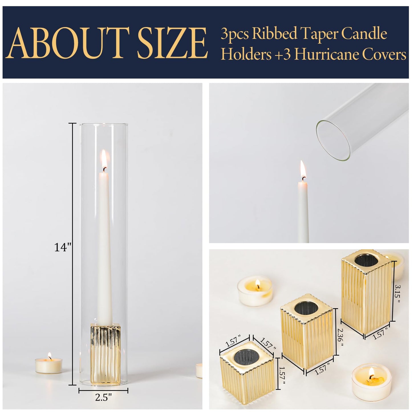 LETINE 14" Tall Hurricane Candle Holders with Gold Ribbed Taper Candle Holders Set of 3– Bulk Windproof Taper Candle Hurricane Glass for Outdoor&Indoors Wedding Centerpiece, Event & Home Decor