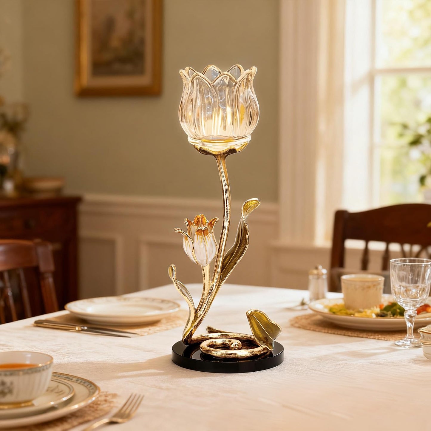 Luxury Crystal Base Glass Flower Candle Holder – Gold Plated Zinc Alloy with Enamel, Romantic Tea Light Holder, French Style Wedding Table Centerpiece, Home Decor