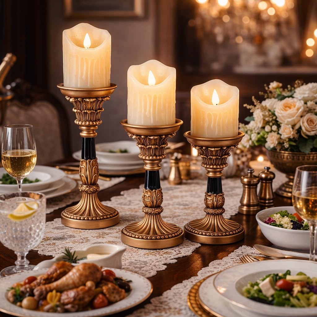 Resin Pillar Candle Holders Set of 3 – an Antique Gold Frame with Engraved Decorations (9", 7.5", 6") with 3.1" Tray & Velvet Anti-Slip Base for Table Centerpiece and Fireplace Mantel Decor