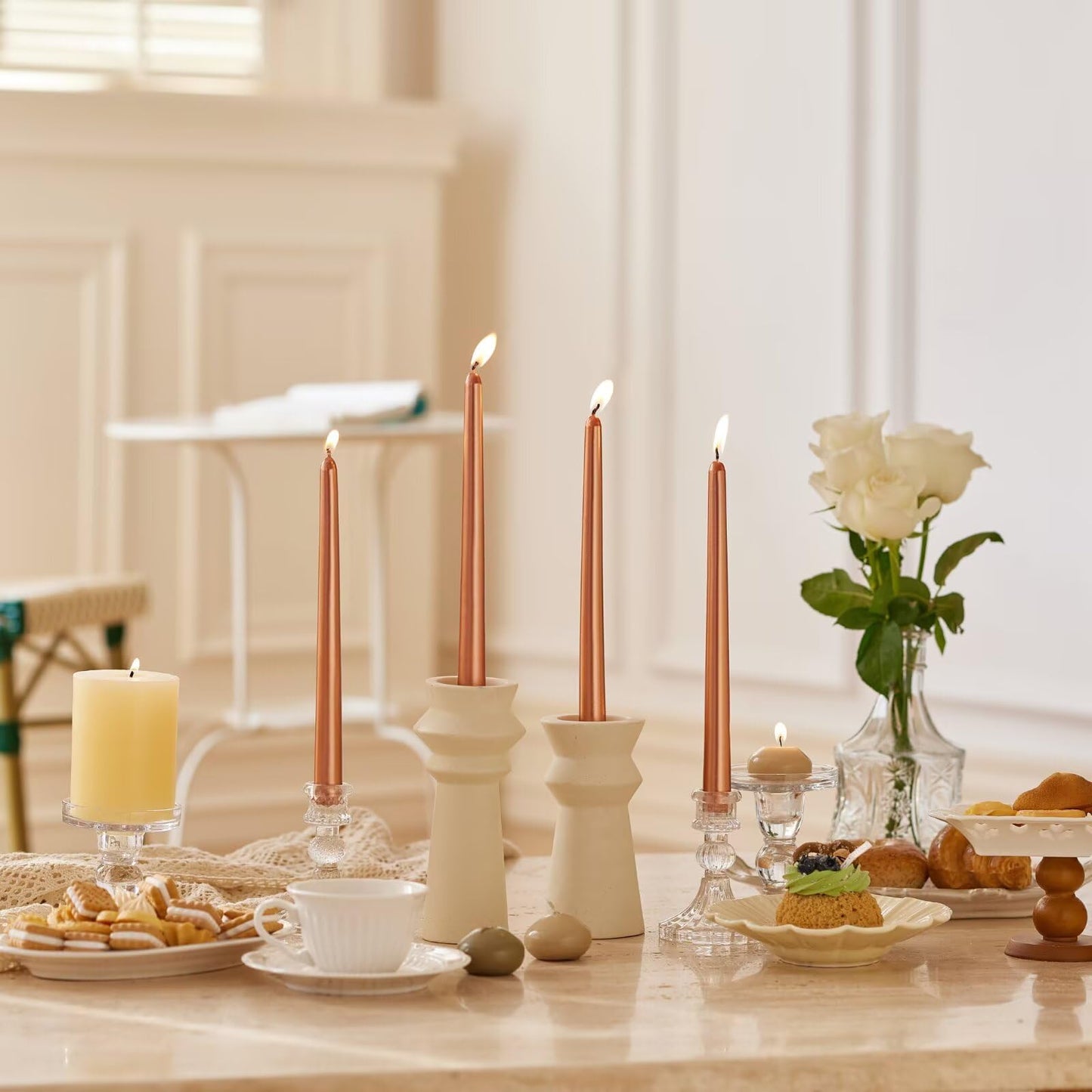 Pickood 12-Inch Tall Dripless Taper Candles Set of 4 - Metallic Copper Tapered Candles, Perfect for Christmas - Smokeless, Unscented, Long Burning - Hand Poured, Colored Tall Candlesticks