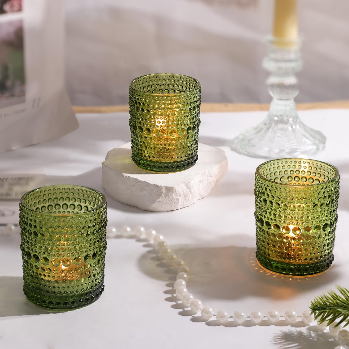 48pcs Votive Candle Holders, Green Glass DIY Wax Filling Tealight Candle Holders, Tea Light Candles Holder for Wedding Table Decoration