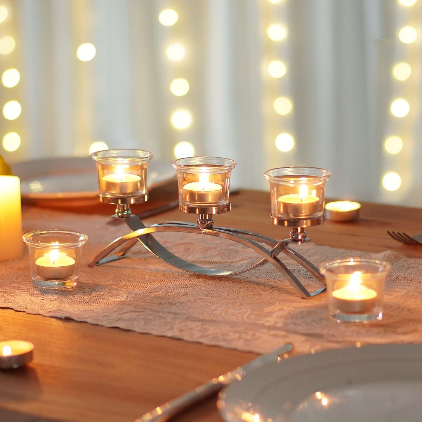 3-Arm Metal Tea Light Candle Holder Set with 5 Glass Cups, Votive Candle Holders Centerpiece Candelabra for Wedding Table Decor, Home Gatherings and Holidays (Silver, 5 Cups)