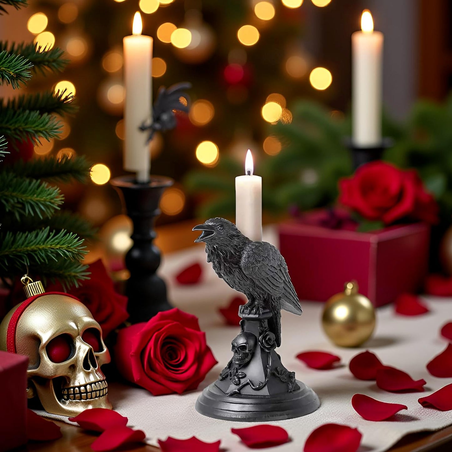 Gothic Black Cat Candle Holder Statue,Resin Cat Candlestick Holder,Halloween Gothic Tabletop Decor for Home,Dining Table & Party,Witchy Cat Figurine Gift (Crow)