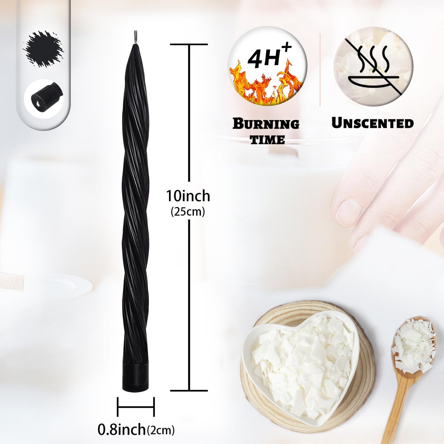 Handmade Unscented Long Spiral Taper Candle Black 10 Inch Smokeless Tall Twisted Candlesticks Elegant Design for Home Weddings Festive Seasons Décor