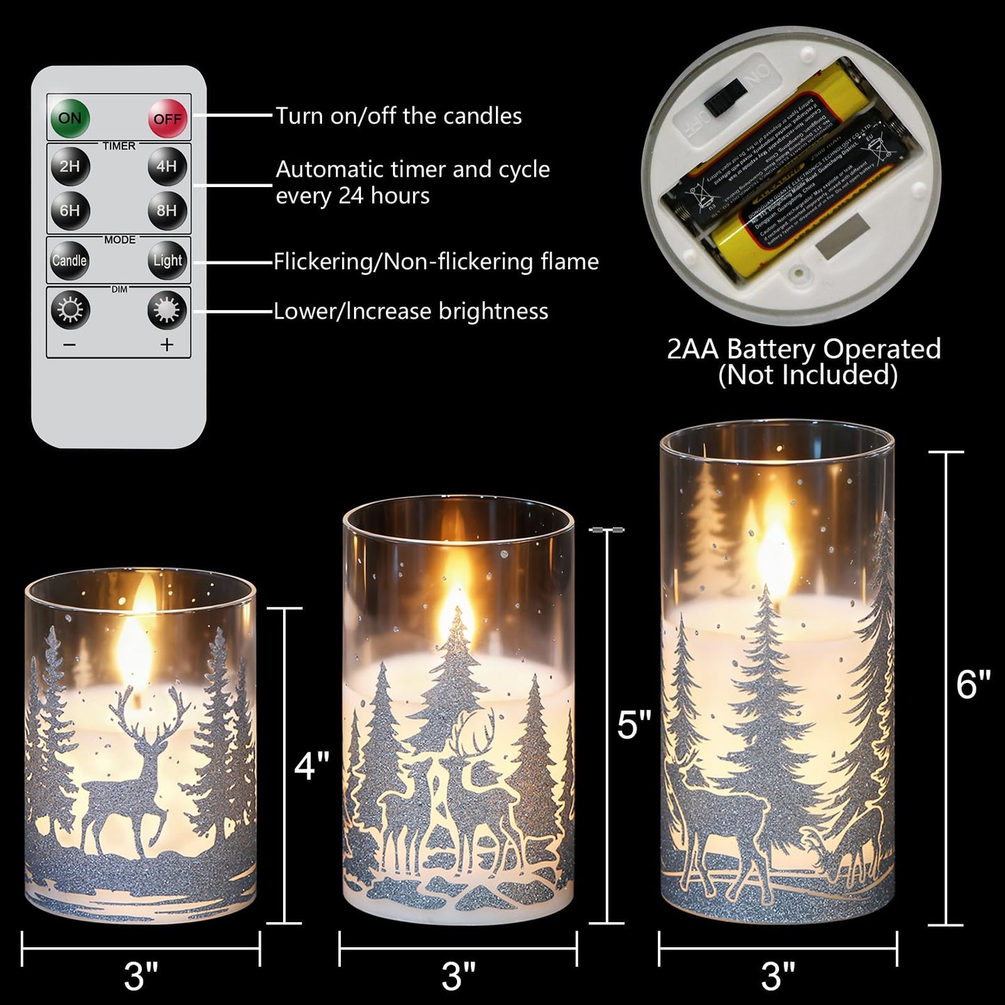 KunSwenn Christmas Flameless Candles with Silver Reindeer Decals, 3 Pack LED Glass Battery Operated Candles with Remote Timer, Pillar Candles with Deer and Tree Pattern for Christmas Winter Decor