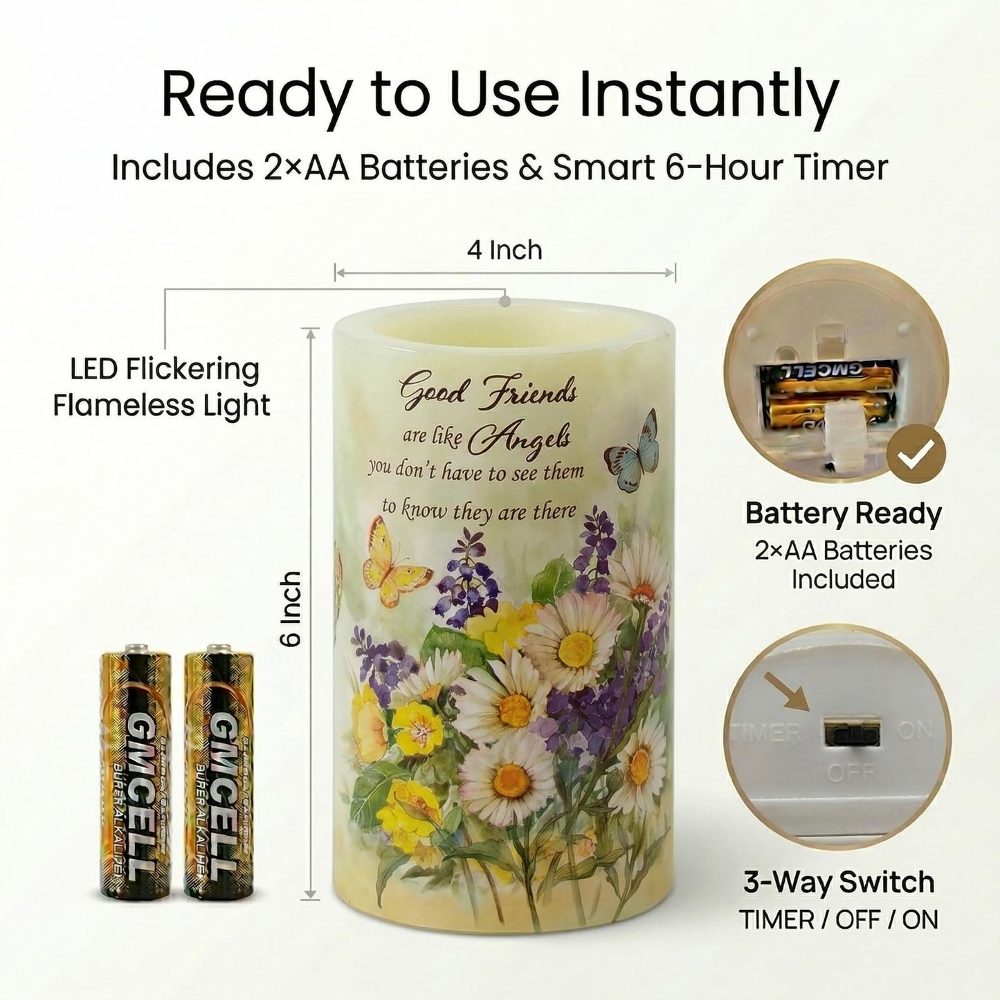 Real Wax Flameless Candles 4x6, Butterfly Daisy LED Pillar Candle with Timer, Battery Operated Flickering Candle, Spring Floral Table Decor, Romantic Home & Wedding Centerpiece, Gift for Women Mom