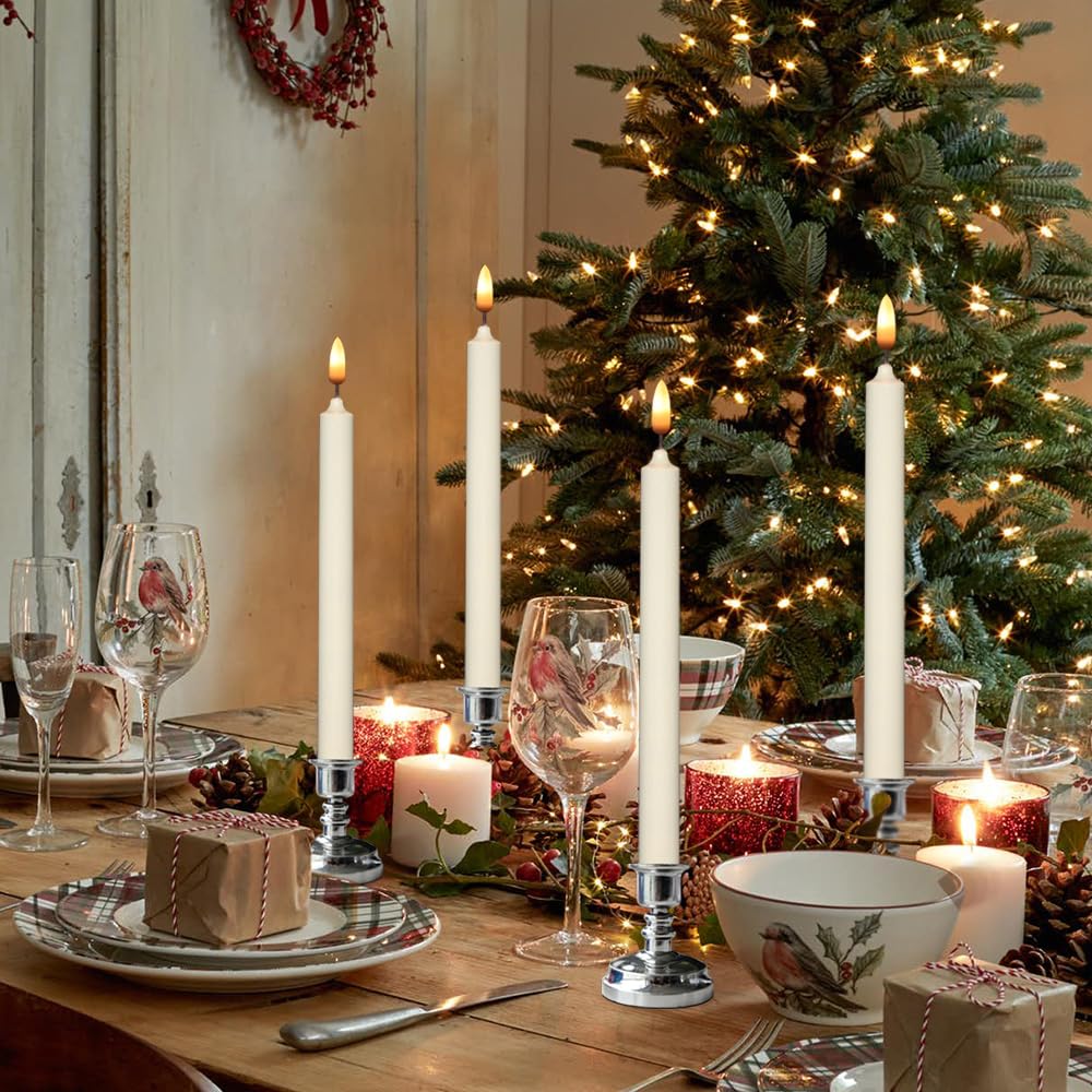 Wondise Flameless Window Candles with Remote & Timer, 10" Battery Operated 3D Wick LED Flickering Taper Candle for Christmas Decorations, Removable Silver Holder and Suction Cups Included(6 Pack)