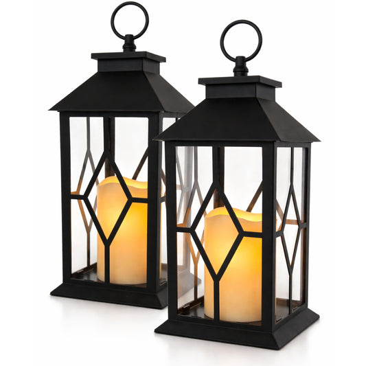 Decorative Black Lanterns Set of 2 with LED Flameless Candles, Remote & 4 Hour Timer, Indoor Outdoor Lantern Decor, Hanging or Tabletop Lighting, 13 Inch Tall