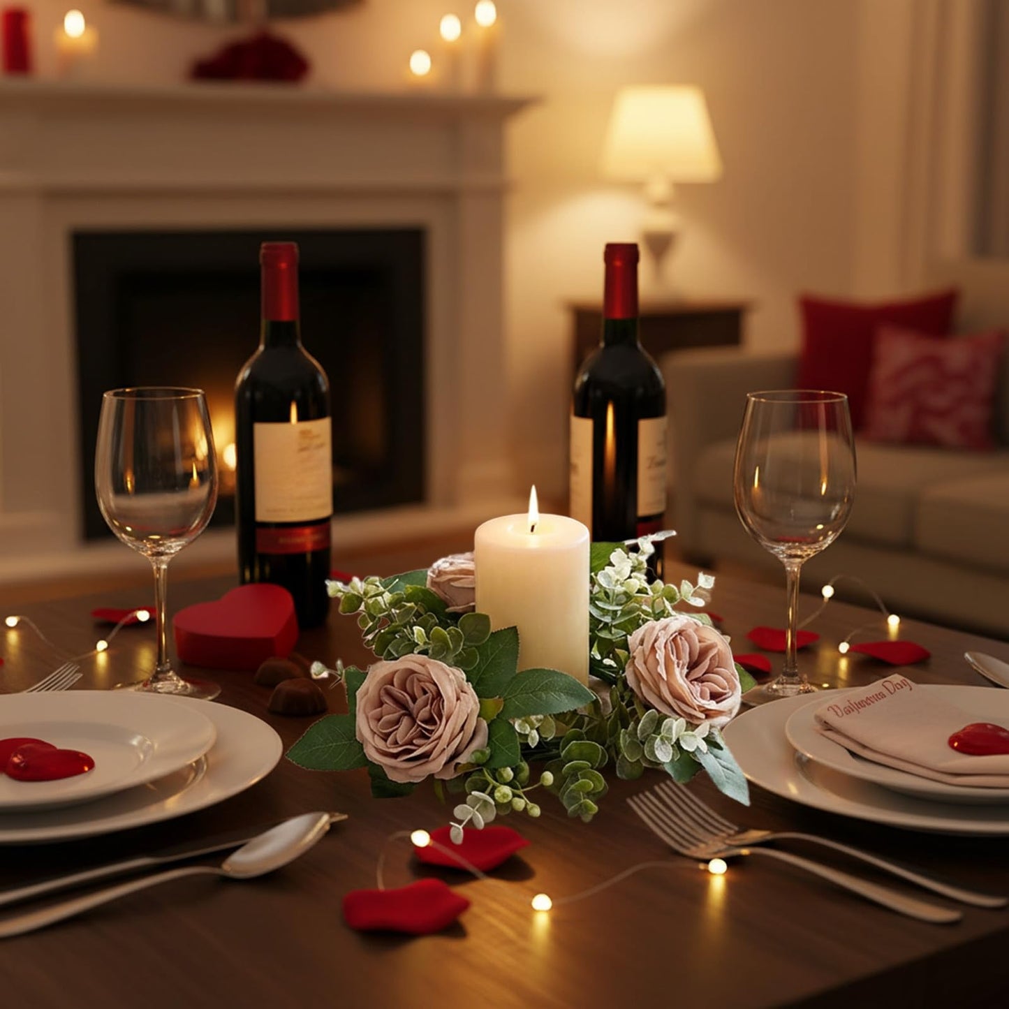 Artificial Rose Candle Rings Wreath Mini Floral Wreaths Pillar Candle Holder with 3 Blooming Flowers and Green Leaves for Wedding Party Home Table Centerpieces Decor (Khaki)