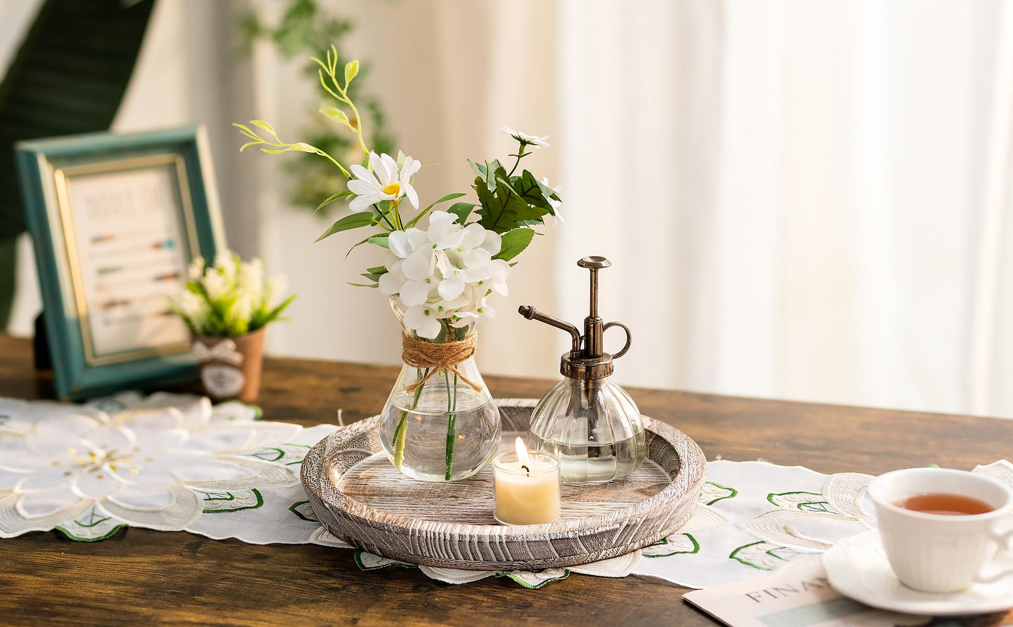 Hanobe Wood Candle Holders Trays: Round Candlestick Holder Pillar Stand for Table Centerpiece - Farmhouse Coffee Table Decor for Living Room Kitchen Counter, Rustic White