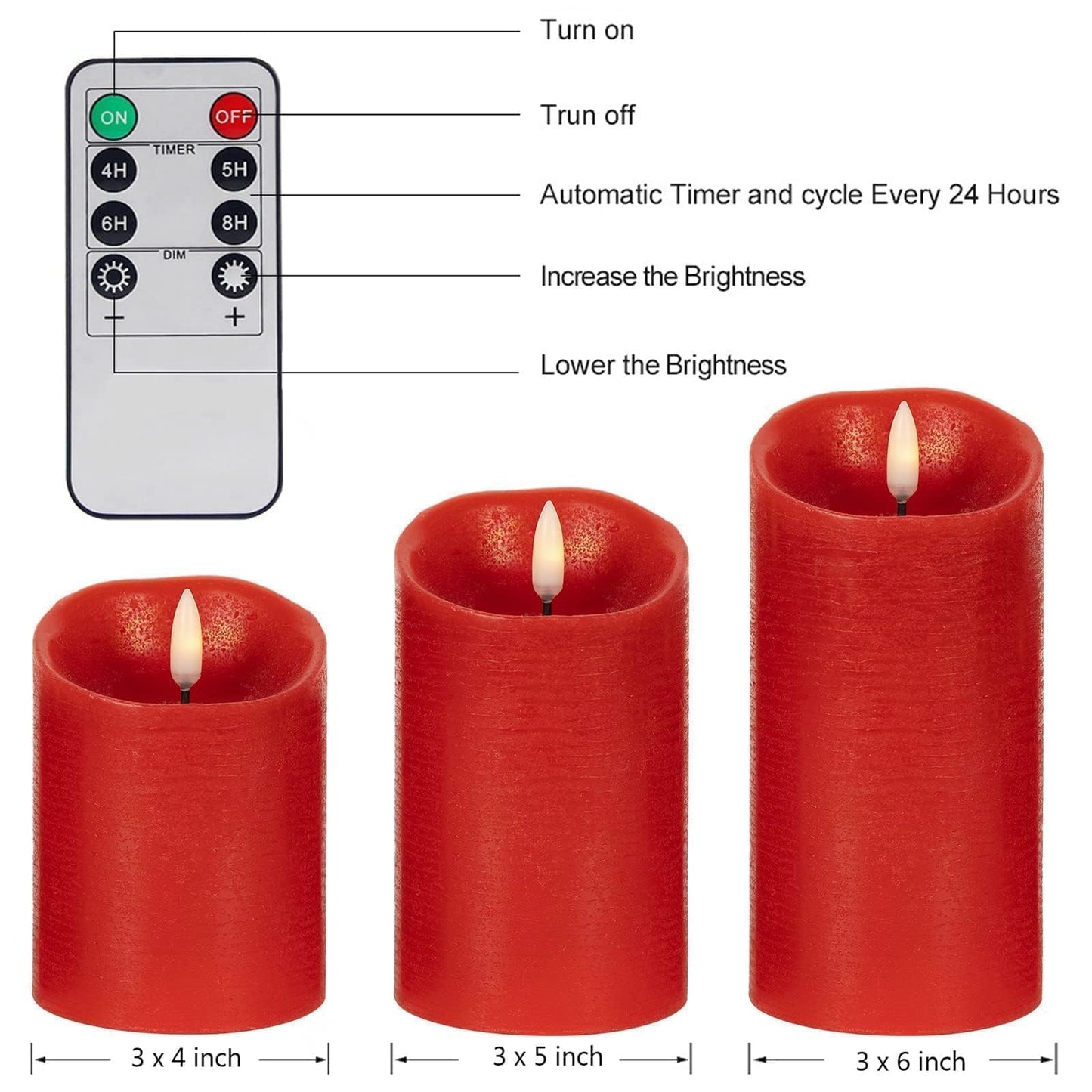 ANGELLOONG Red Flameless Candles with Remote and Timer, Real Wax Flickering Fake Pillar Candles Battery Operated, Electric LED Candle for Bathroom Table Decor Birthday Gifts for Him Her, Set of 3