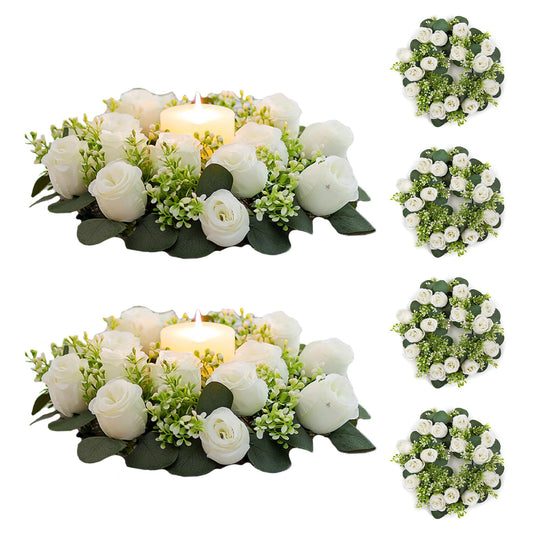 NUPTIO Flower Candle Rings for Centerpieces: 13.4 Inch Artificial Rose Wreath for Wedding Party Christmas Decorations - White Wreaths for Spring Summer Front Door Porch Table Decor 6 Pcs
