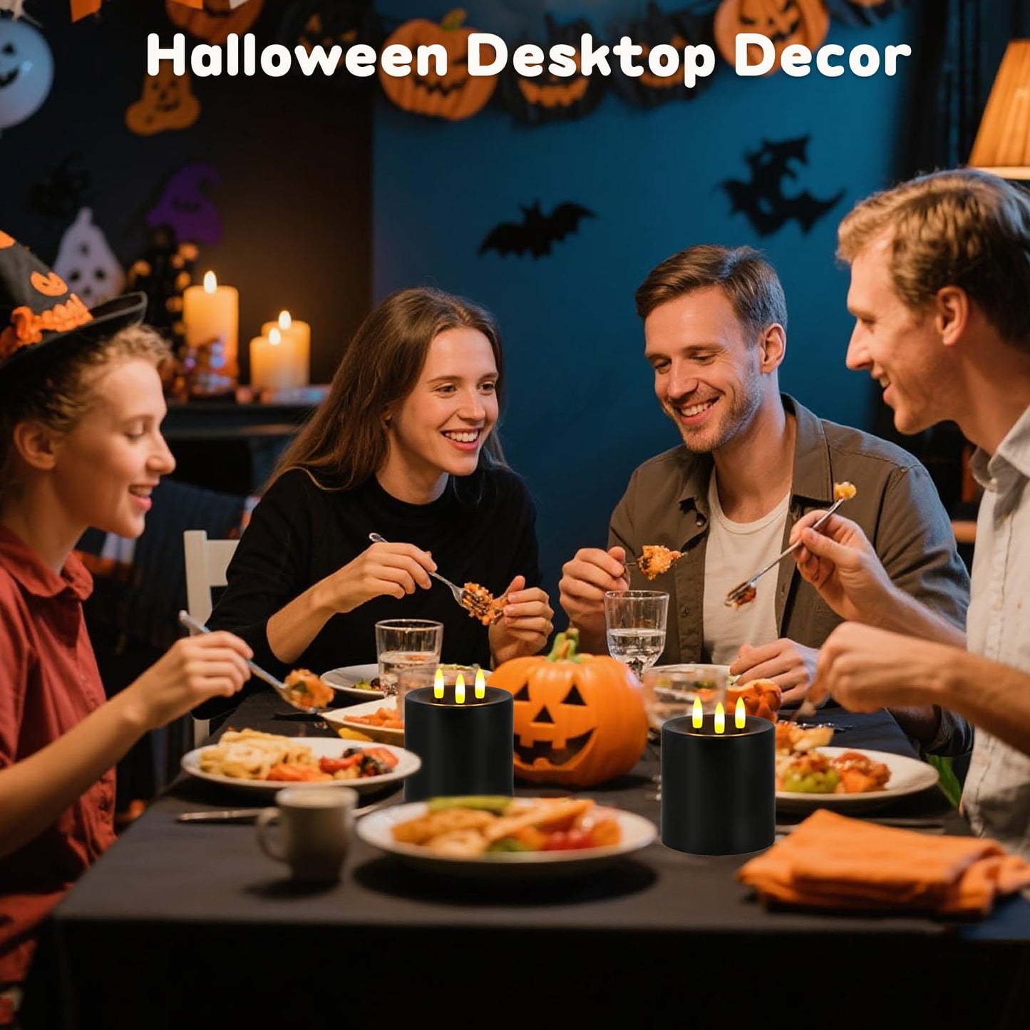 Large 3 Wick Flameless Candles Set of 2, 4"x4" Flickering LED Candles with Remote & Timer, Dimmable Real Wax Electric Pillar Candles Battery Operated, Black Candles Light for Home Halloween Decor
